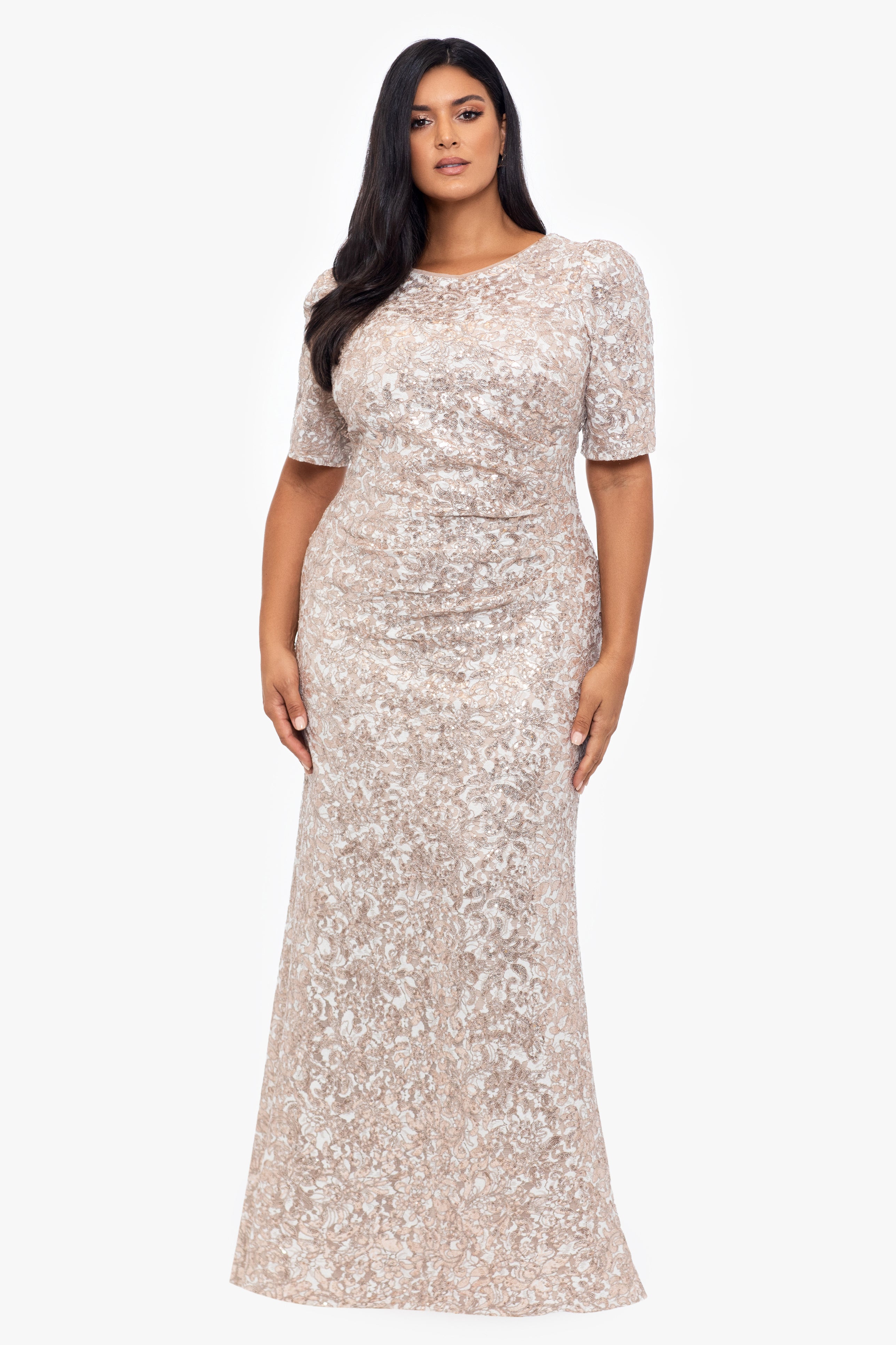 Plus "Brielle" Long Lace Sequin Side Ruched Dress