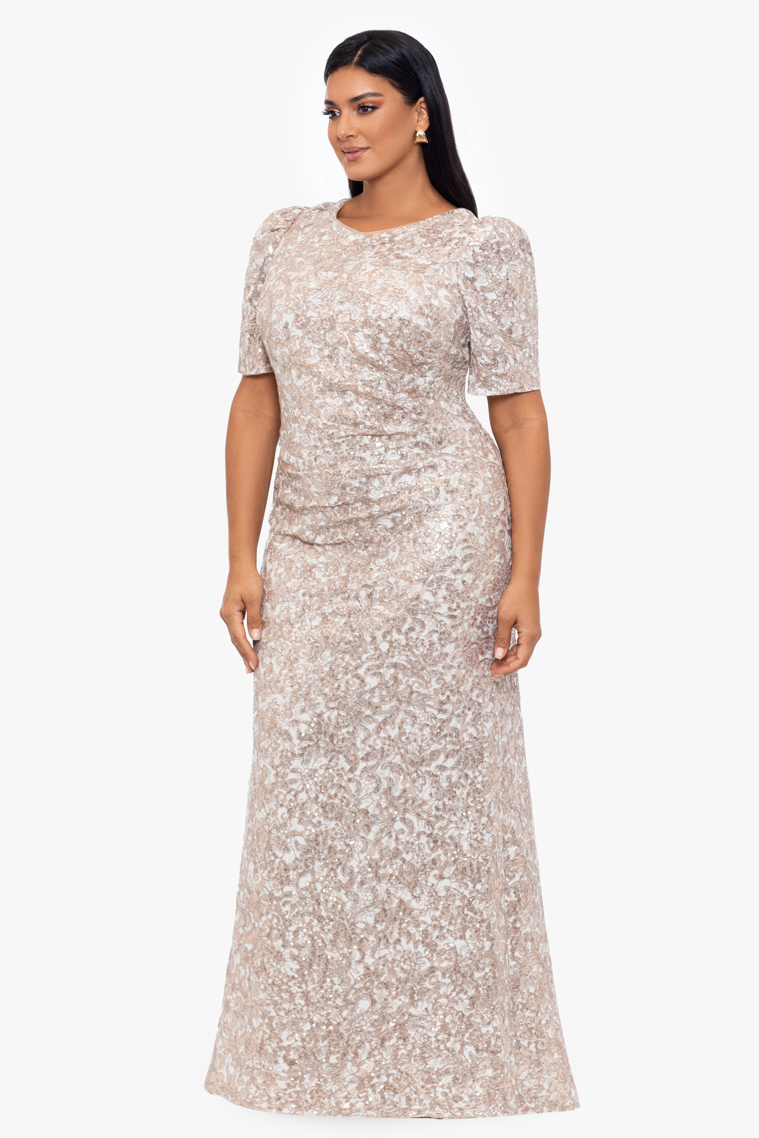 Plus "Brielle" Long Lace Sequin Side Ruched Dress