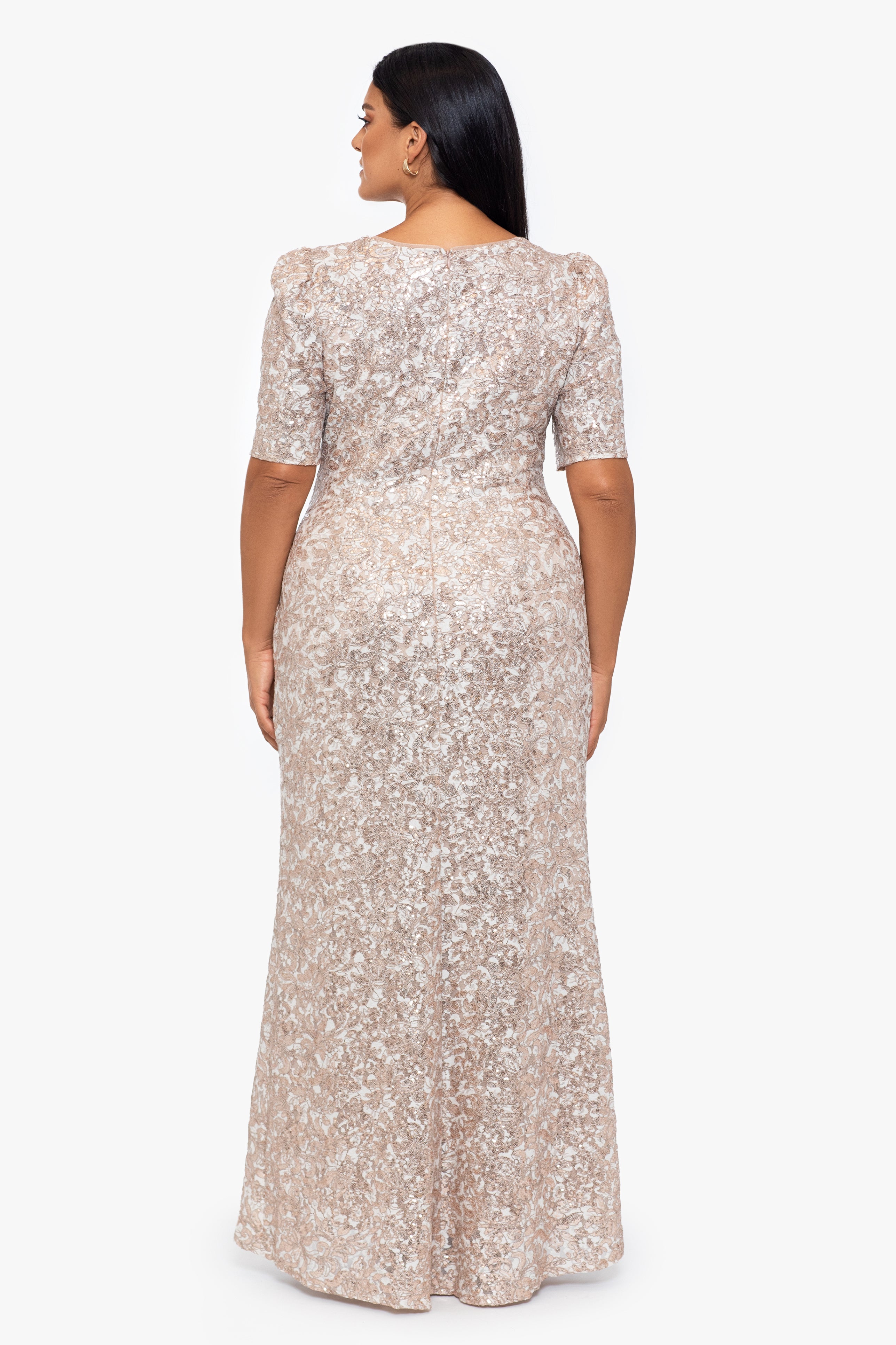 Plus "Brielle" Long Lace Sequin Side Ruched Dress