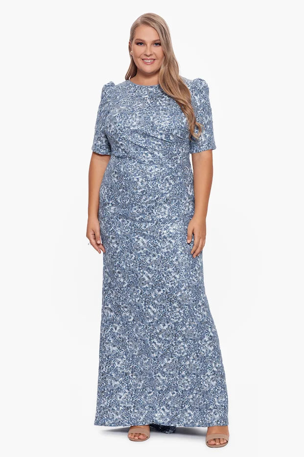 Plus "Brielle" Long Lace Sequin Side Ruched Dress