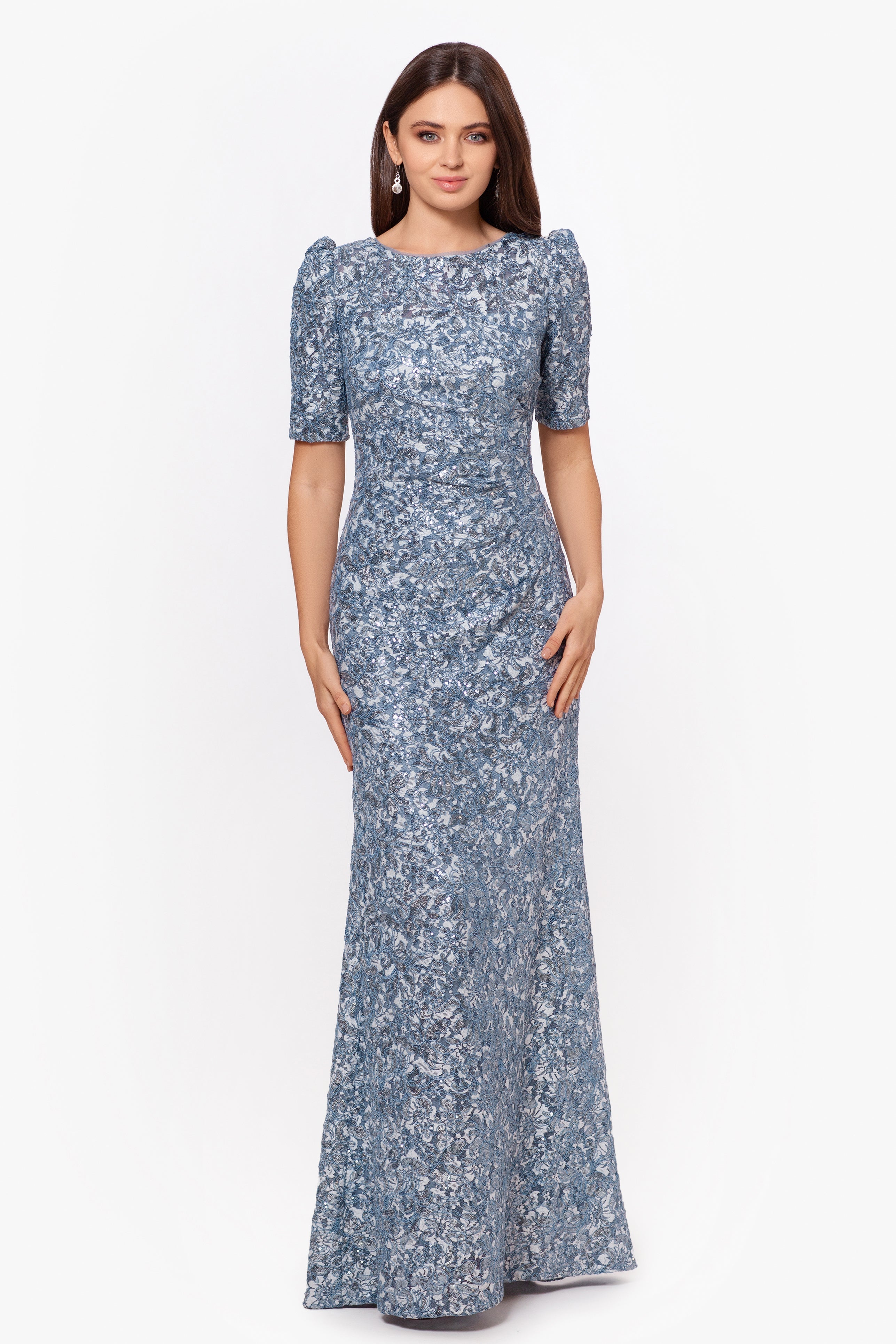 "Brielle" Long Lace Sequin Side Ruched Dress