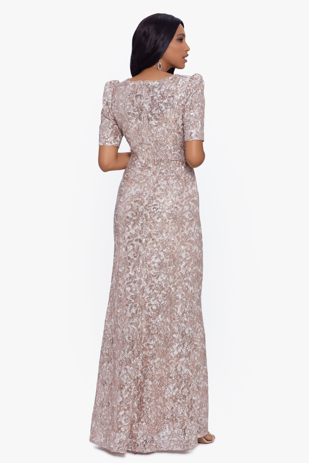 Petite "Brielle" Long Lace Sequin Side Ruched Dress