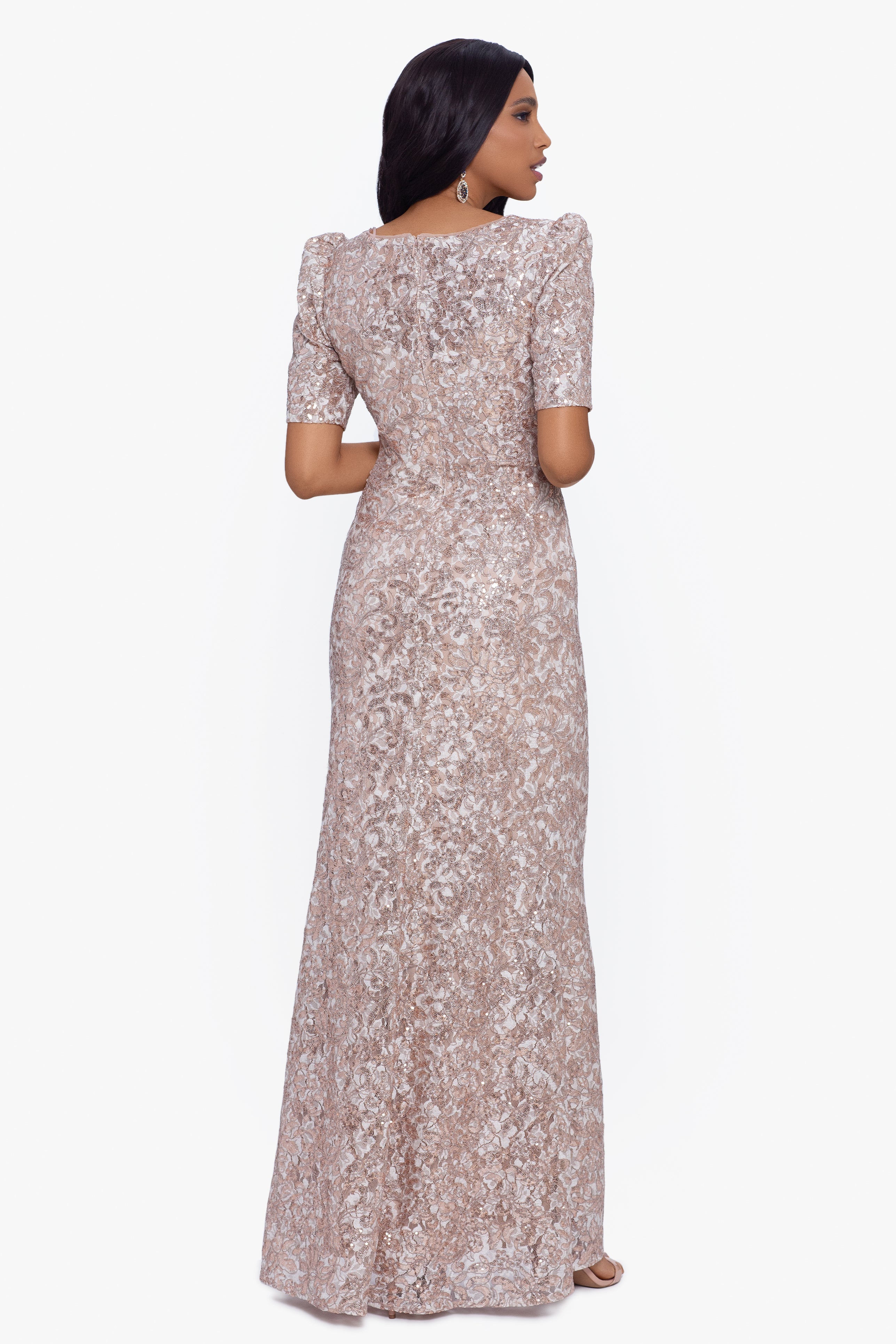 Petite "Brielle" Long Lace Sequin Side Ruched Dress