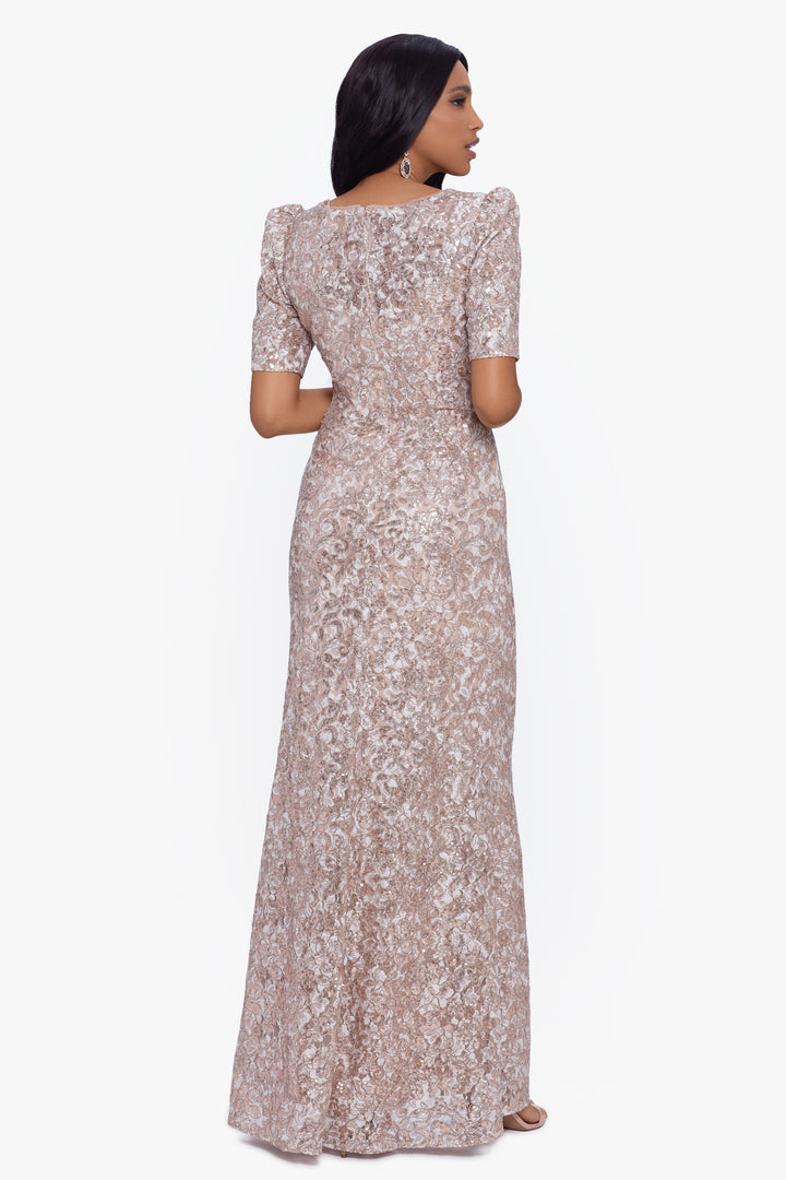 Petite "Brielle" Long Lace Sequin Side Ruched Dress