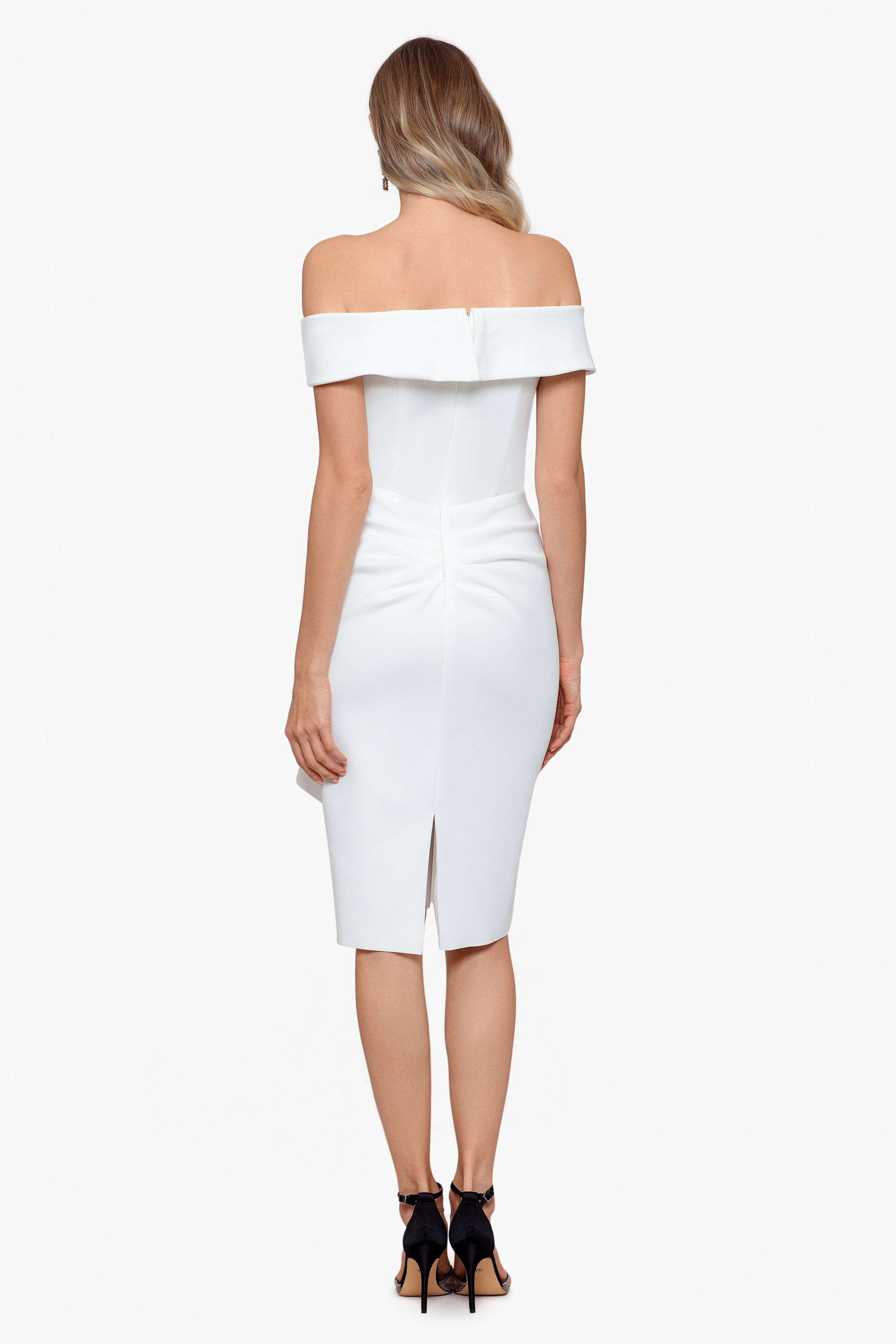 "Vanessa" Short Off The Shoulder Scuba Crepe Side Ruched Dress