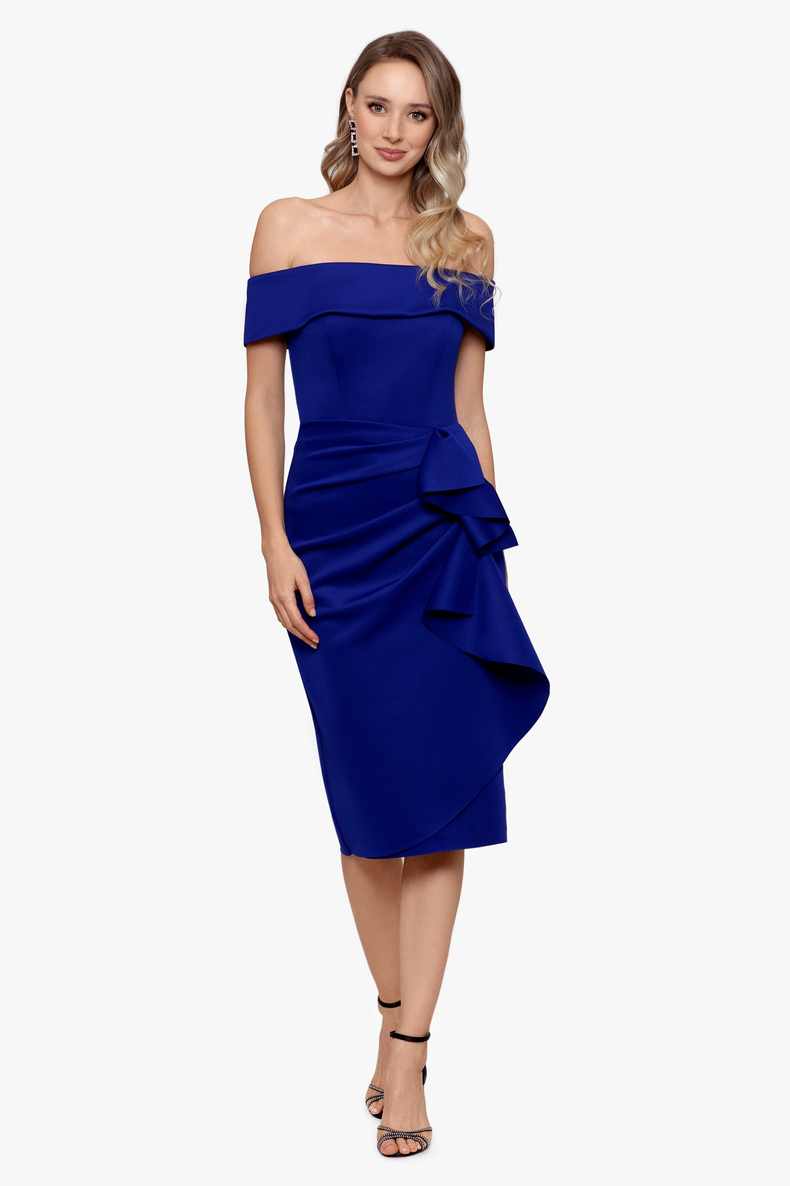 "Vanessa" Short Off The Shoulder Scuba Crepe Side Ruched Dress