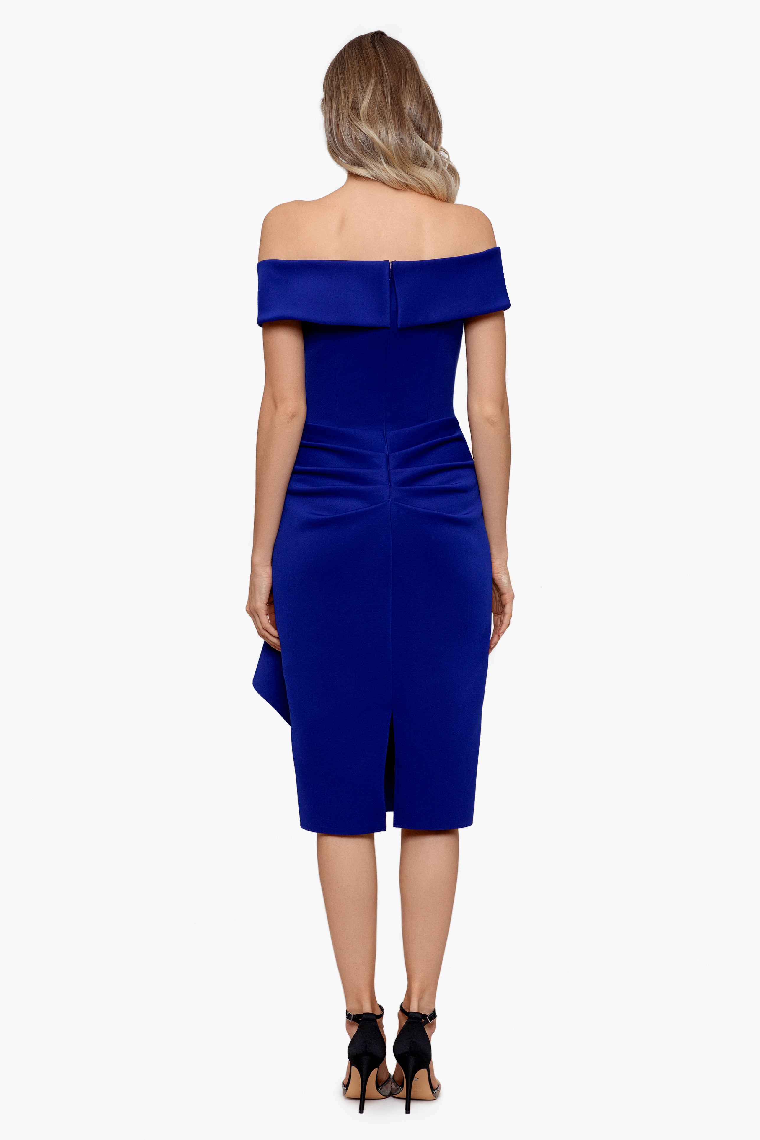 "Vanessa" Short Off The Shoulder Scuba Crepe Side Ruched Dress