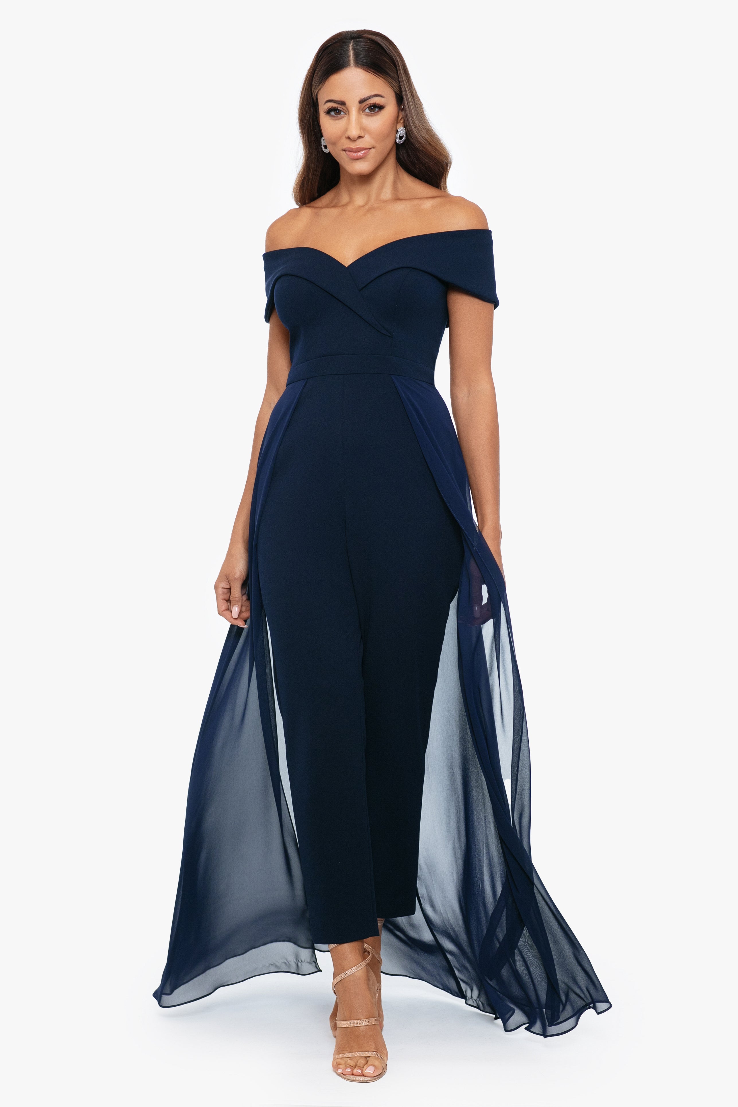 "Margot" Off the Shoulder Scuba Crepe and Chiffon Jumpsuit