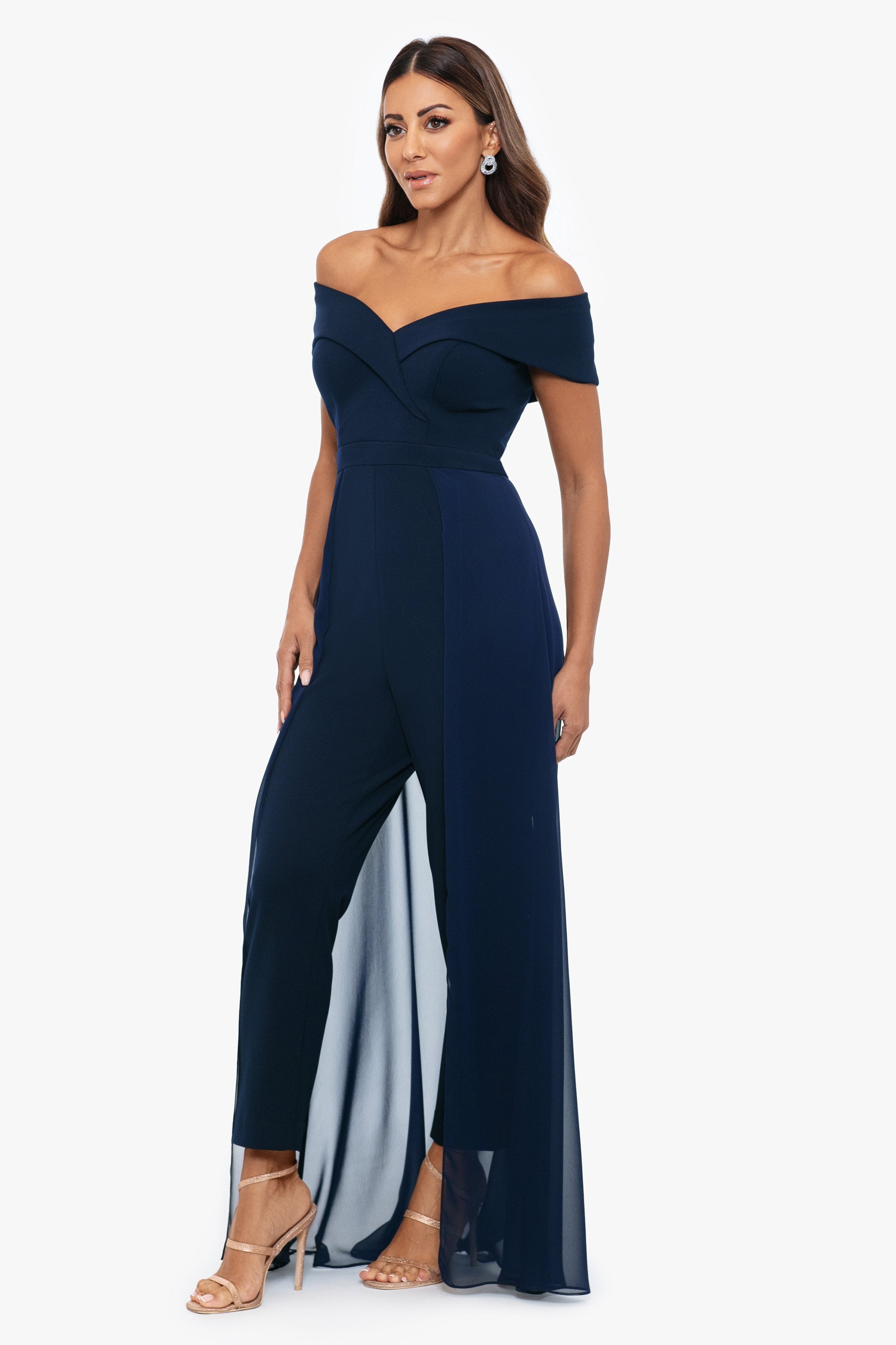 "Margot" Off the Shoulder Scuba Crepe and Chiffon Jumpsuit