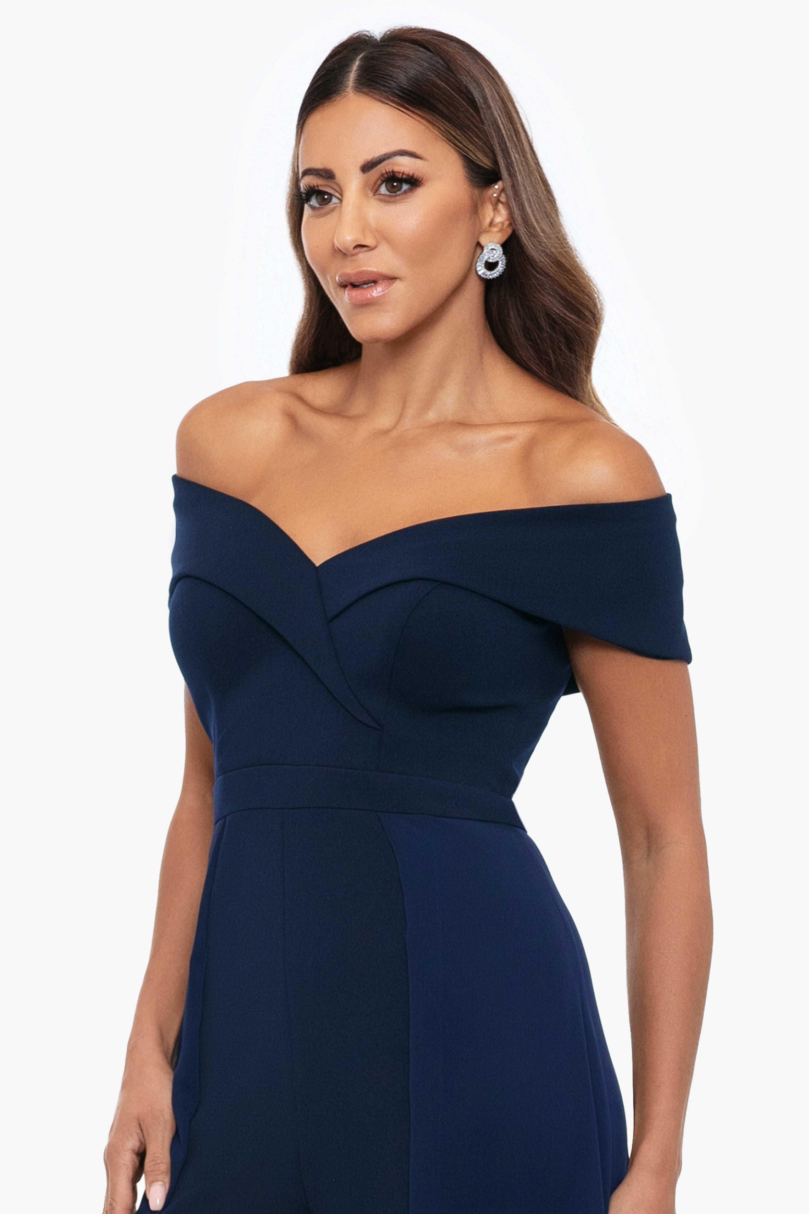 "Margot" Off the Shoulder Scuba Crepe and Chiffon Jumpsuit