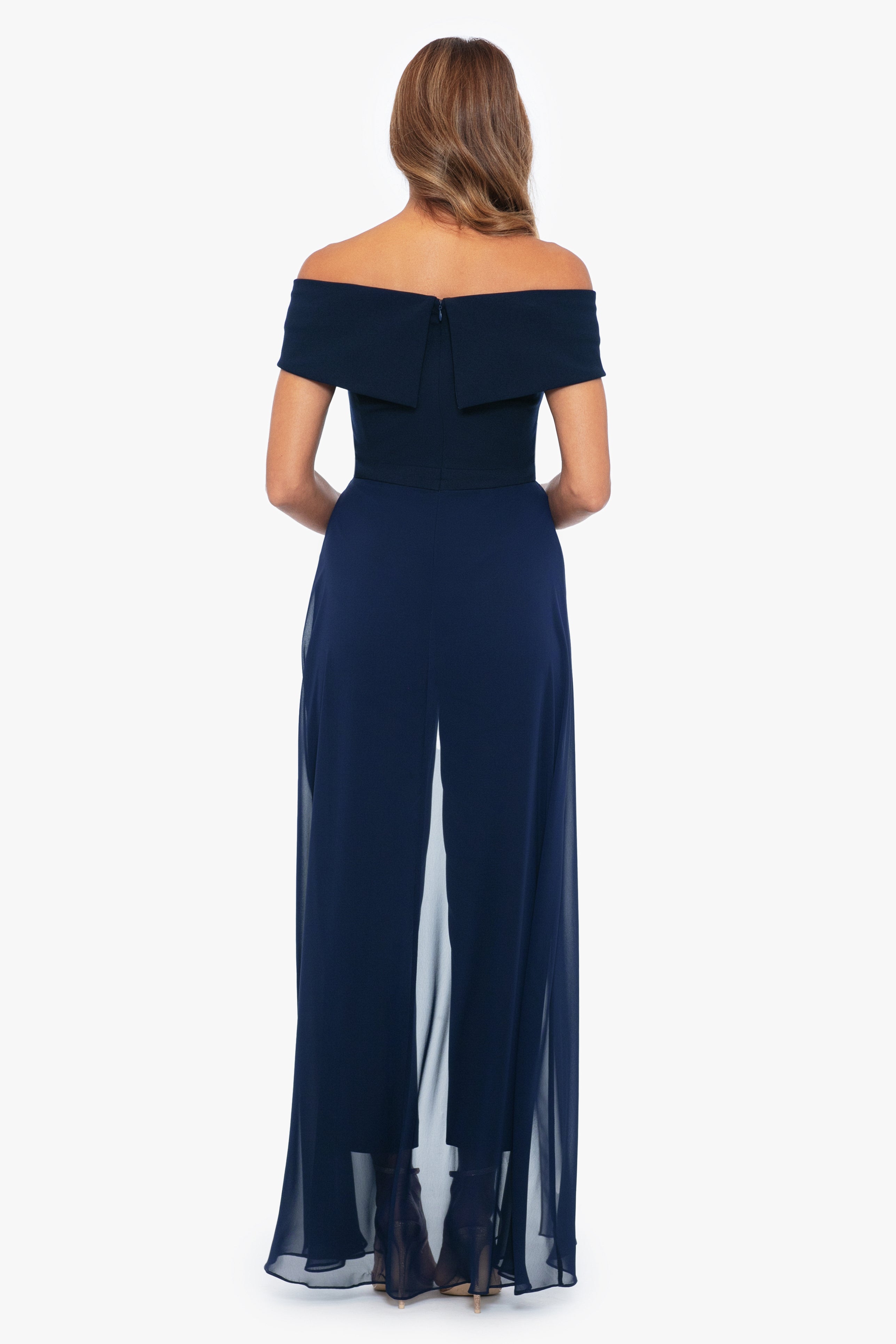 "Margot" Off the Shoulder Scuba Crepe and Chiffon Jumpsuit