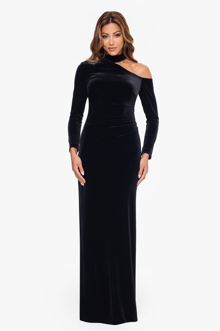 "Julia" Long Velvet Cut Out Shoulder Dress