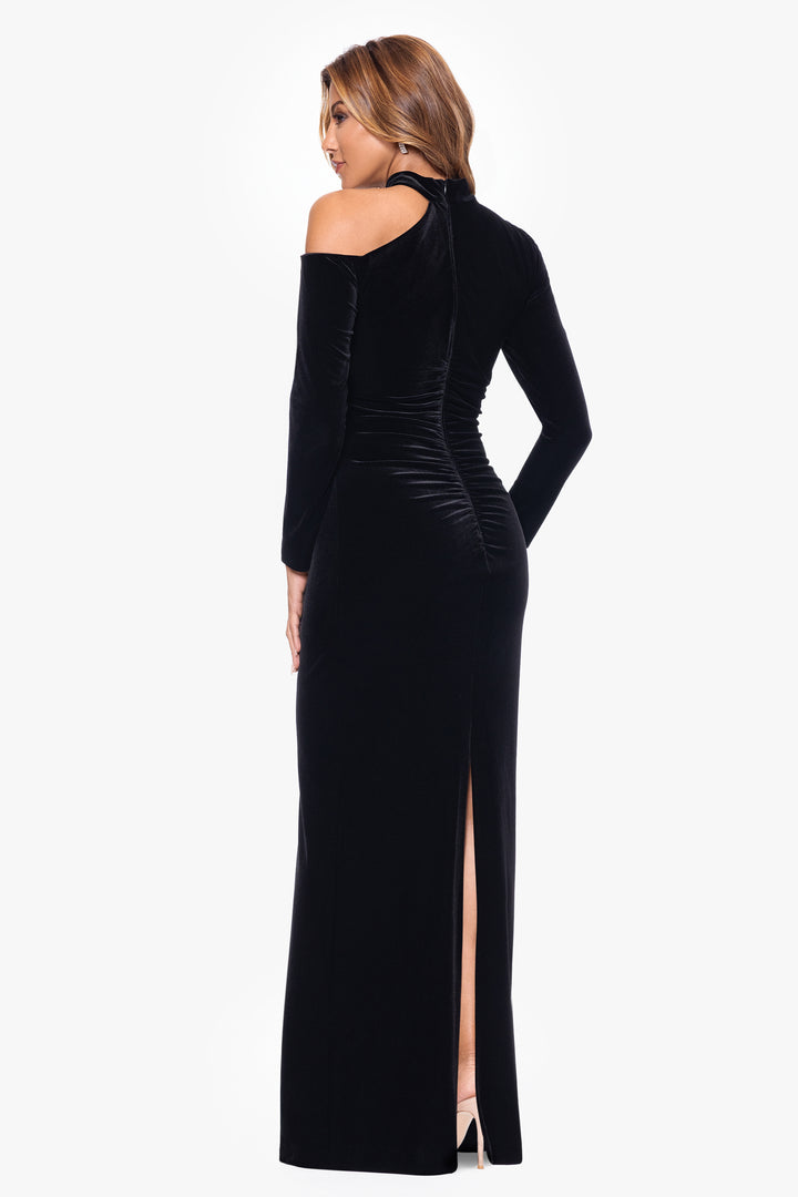 "Julia" Long Velvet Cut Out Shoulder Dress