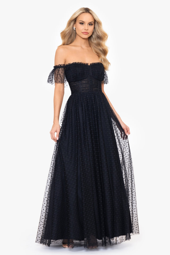 "Edie" Dot Mesh Off the Shoulder Ballgown