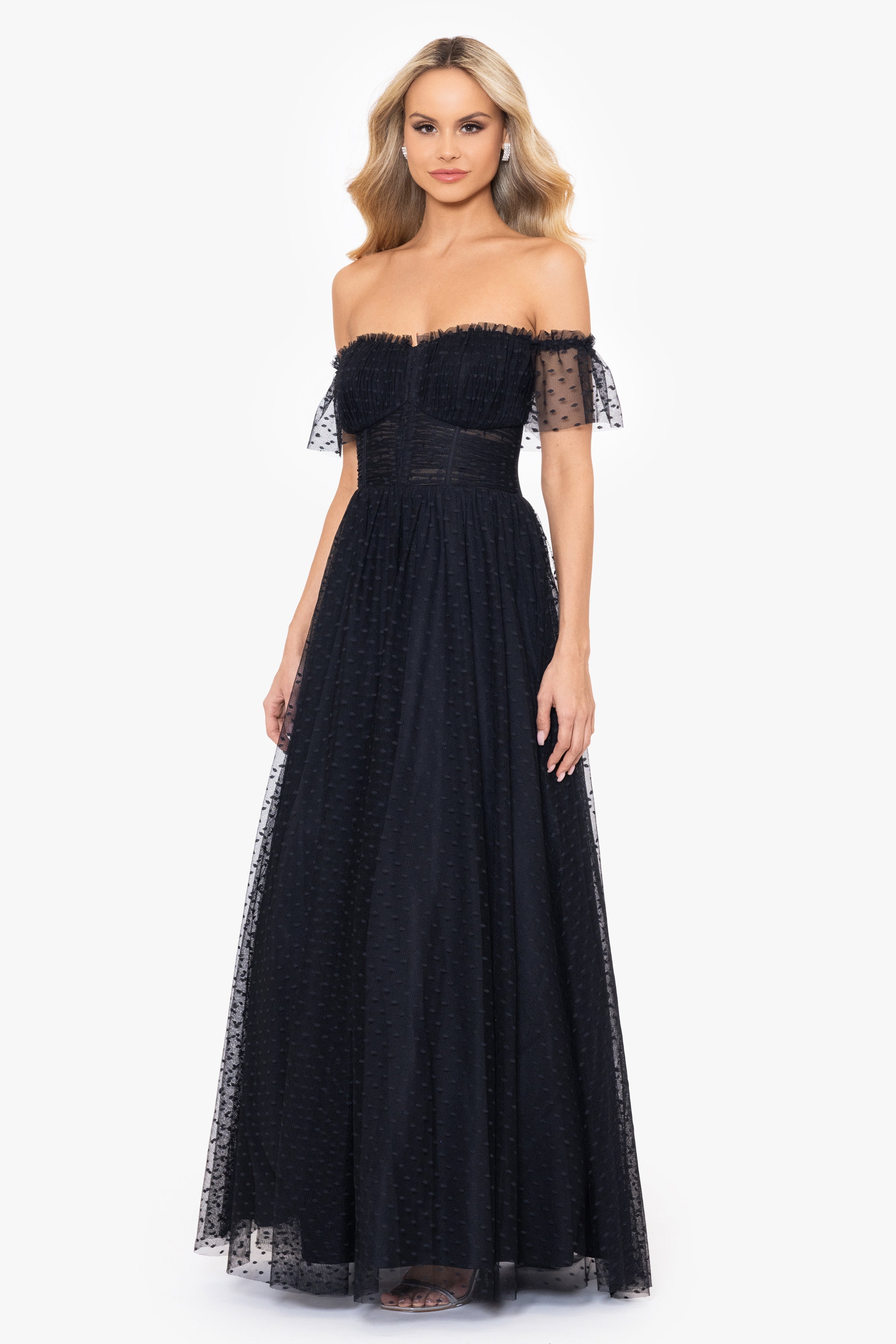 Blondie Nites "Edie" Dot Mesh Off the Shoulder Ballgown