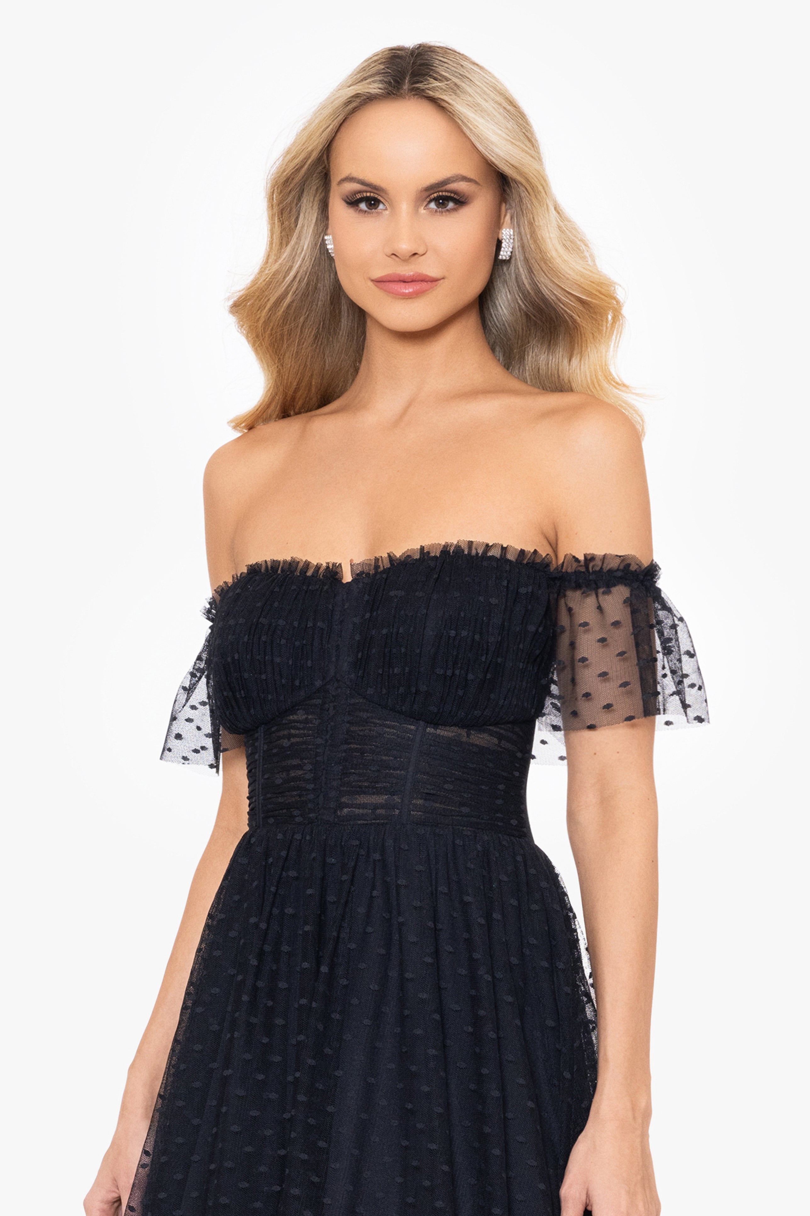 Blondie Nites "Edie" Dot Mesh Off the Shoulder Ballgown