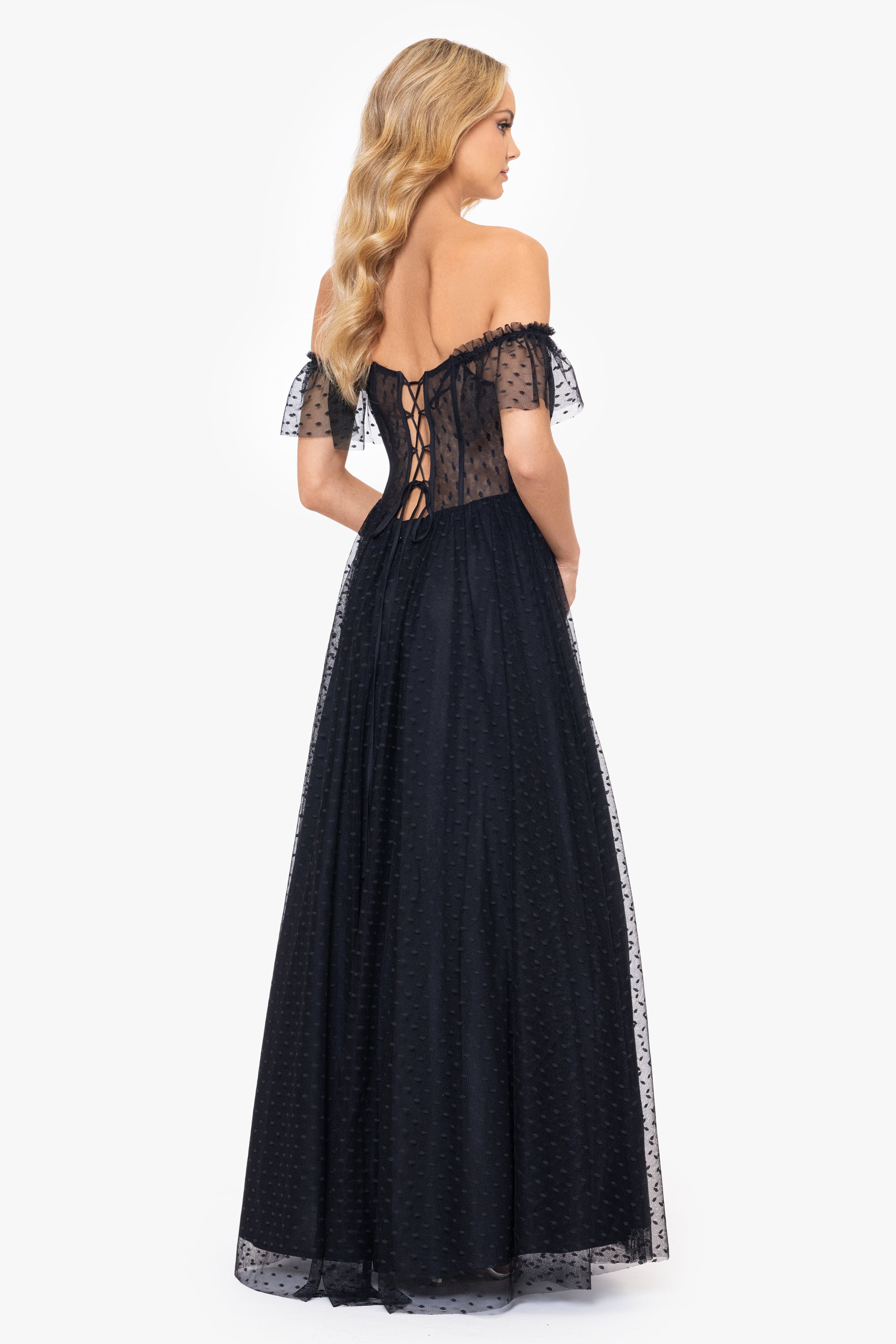 Blondie Nites "Edie" Dot Mesh Off the Shoulder Ballgown