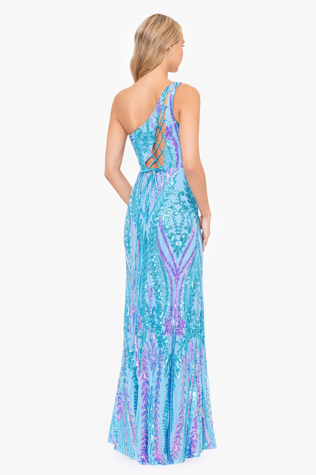 "Terri" Long Placement Sequin One Shoulder Dress