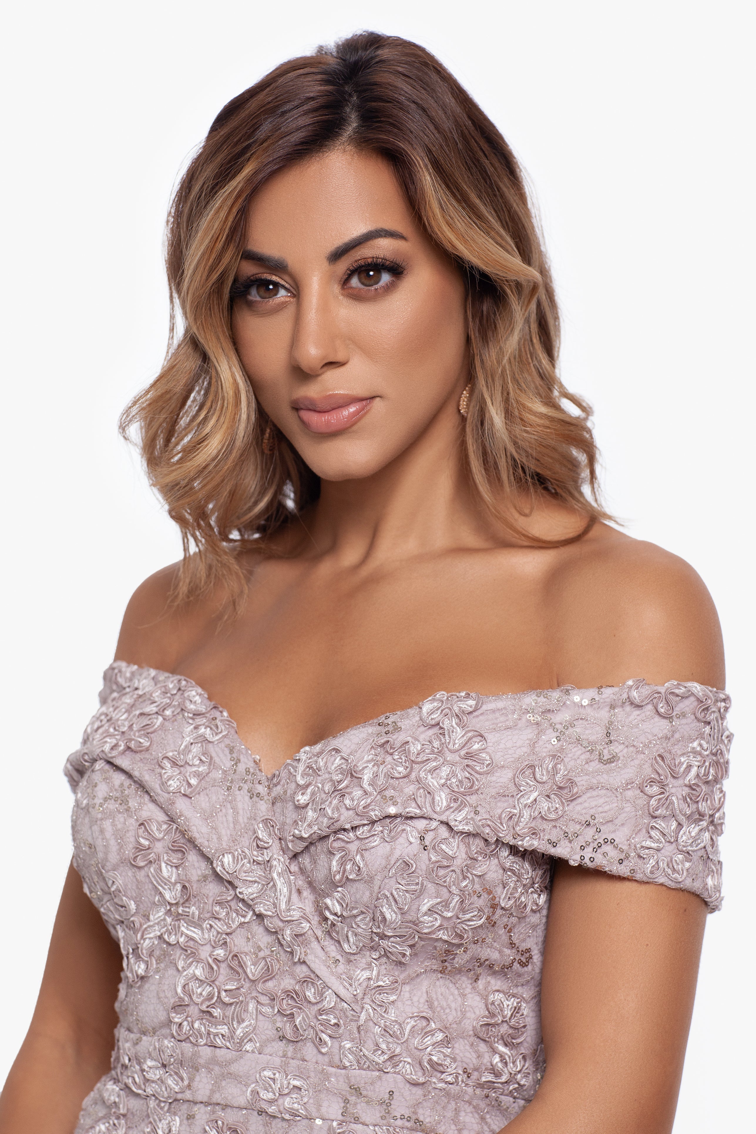 Petite "Jill" Off The Shoulder Long Lace Dress