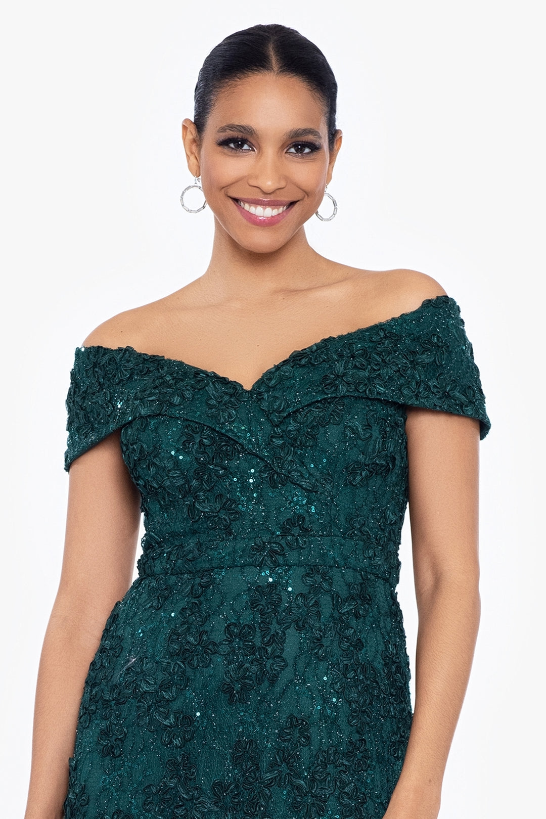 Petite "Jill" Off The Shoulder Long Lace Dress