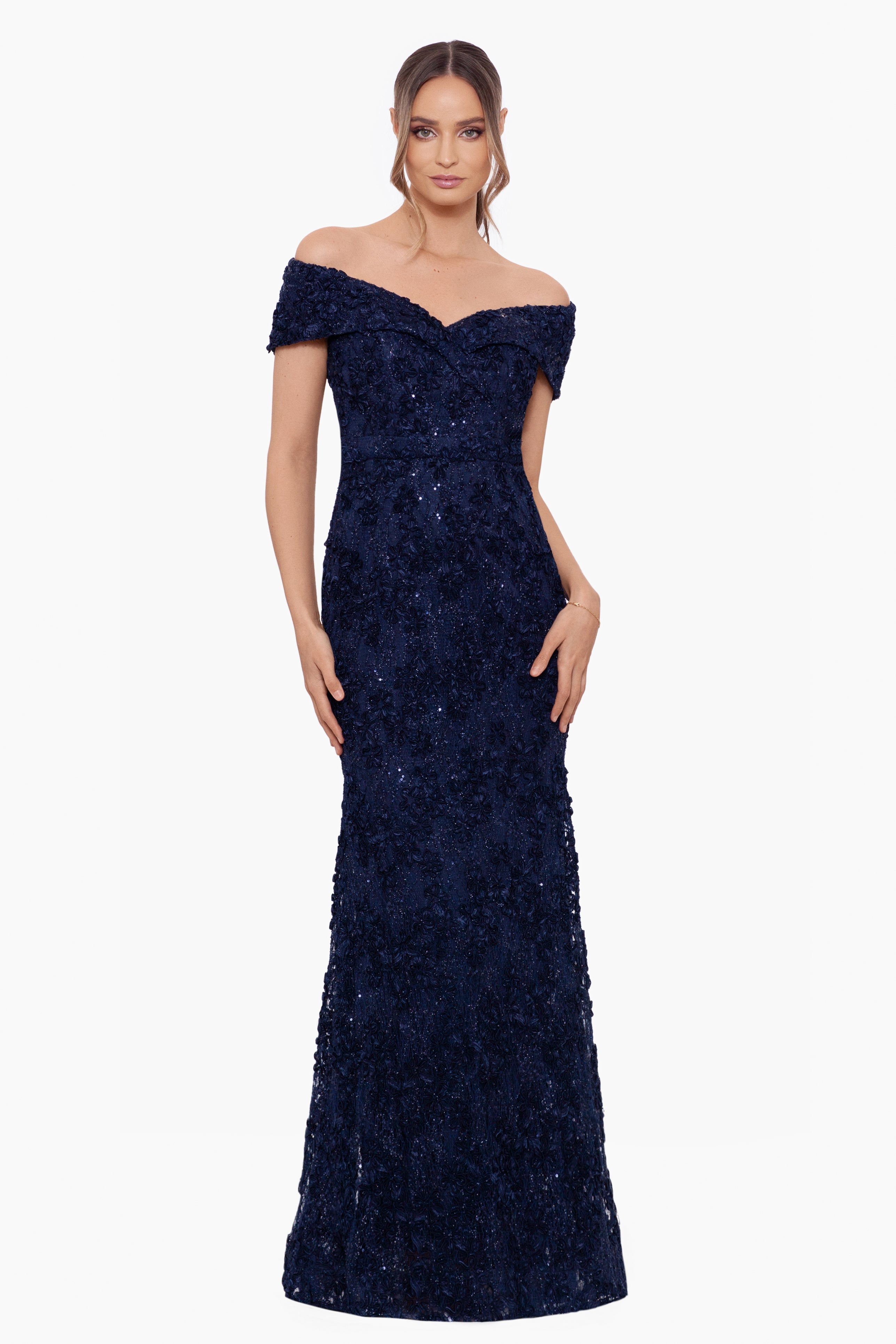 Xscape Off The Sholder Formal Dress Navy store Blue