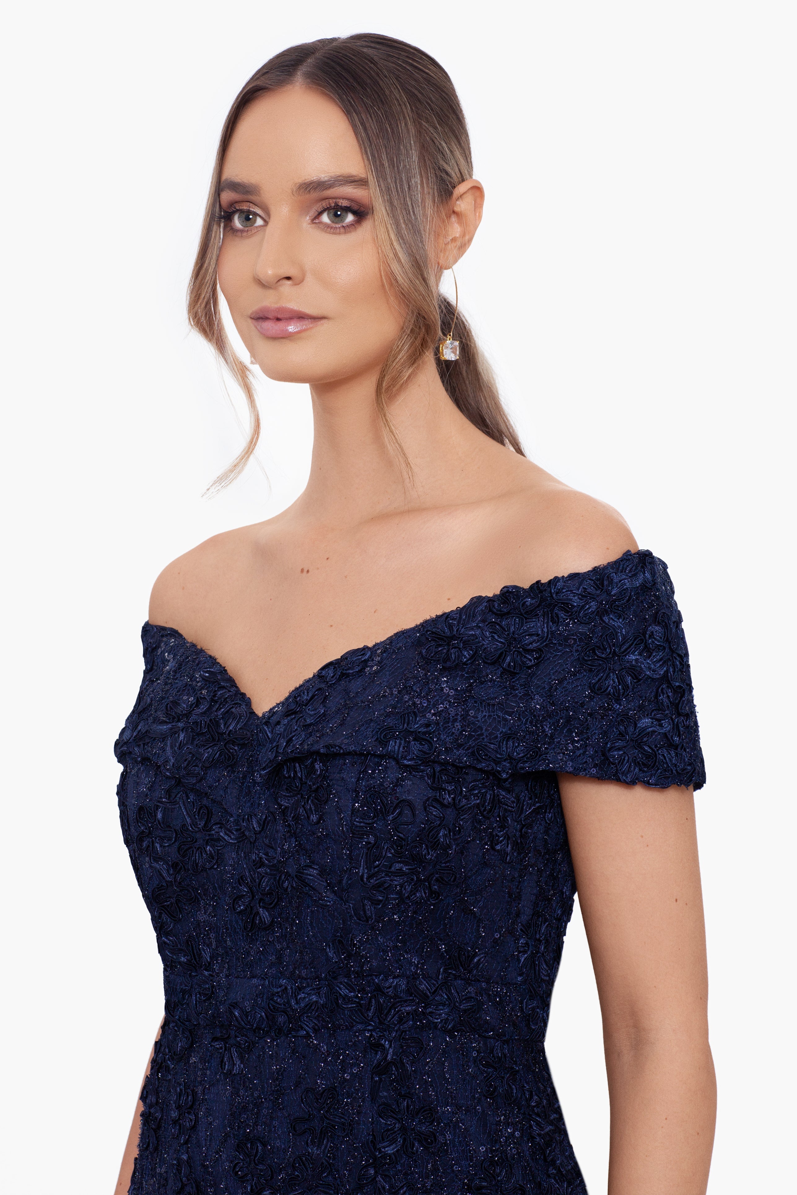 Petite "Jill" Off The Shoulder Long Lace Dress