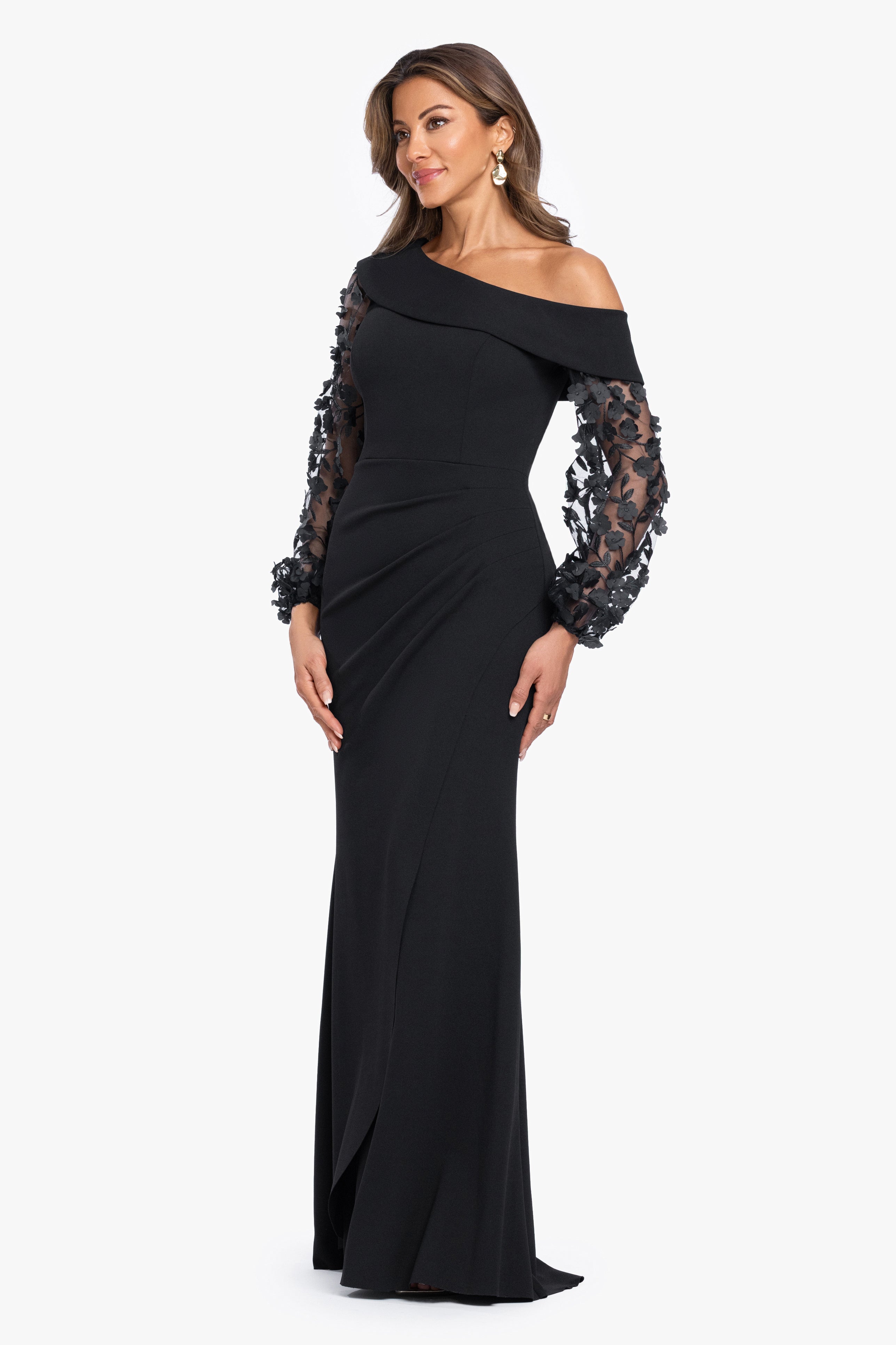 "Ariana" Scuba Crepe Off The Shoulder Long Sleeve Dress