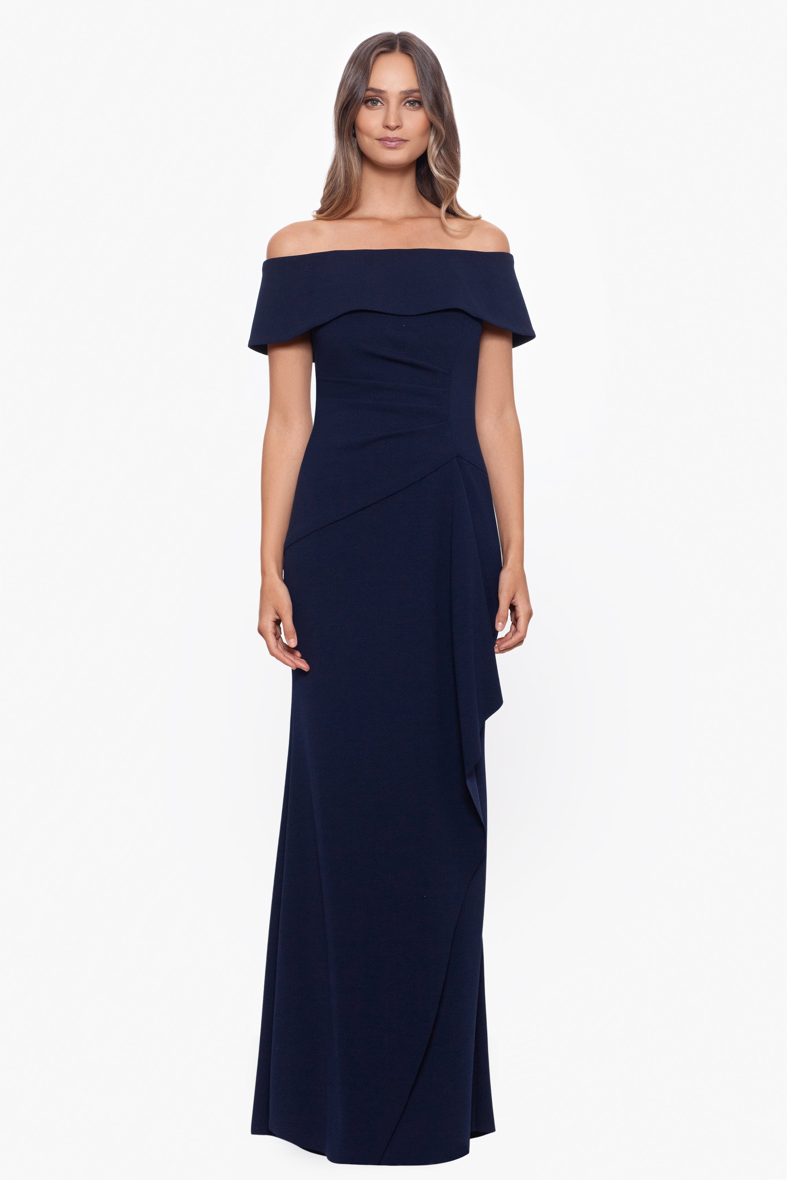 "Lindsay" Long Scuba Crepe Off the Shoulder Dress