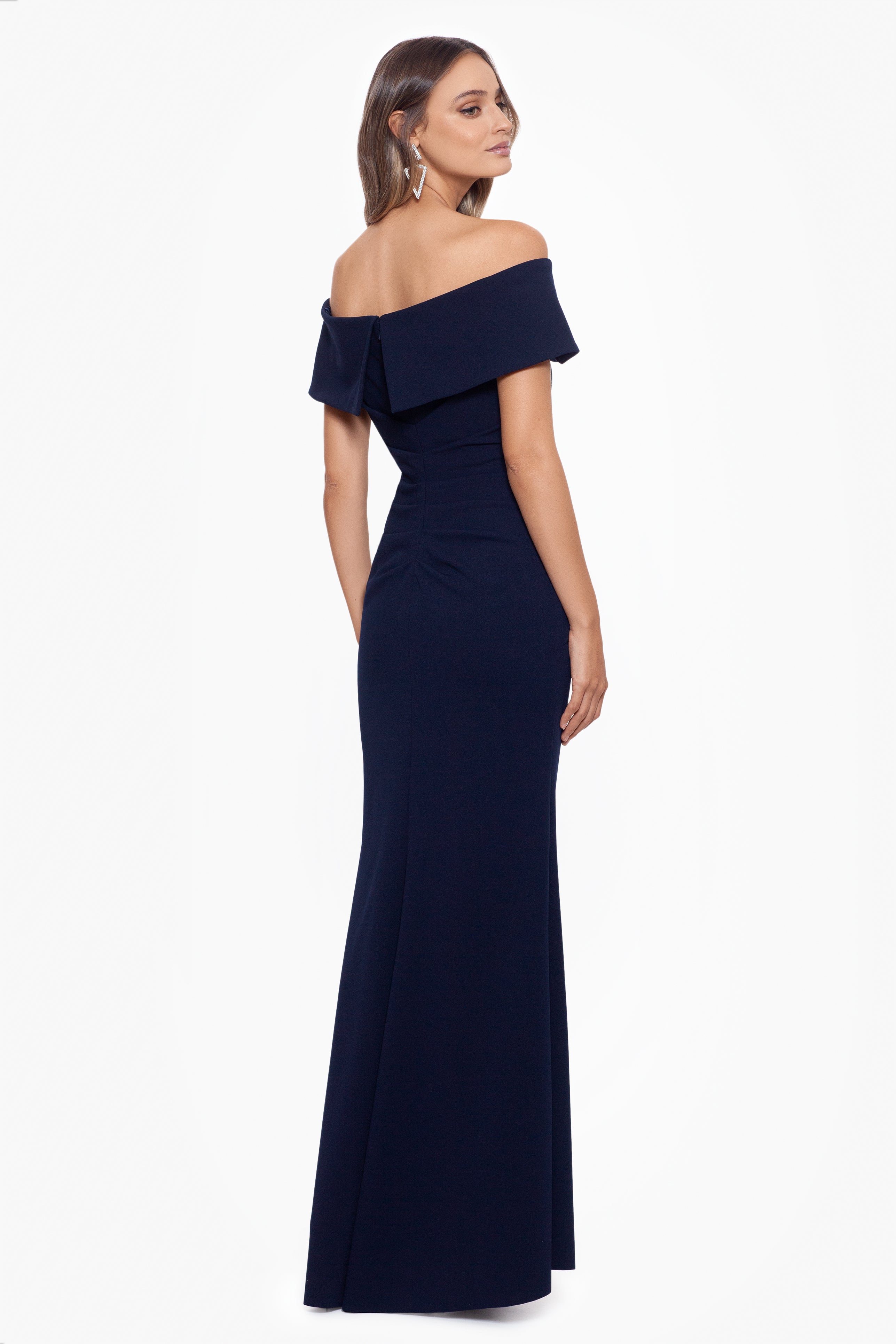 Petite "Lindsay" Long Scuba Crepe Off the Shoulder Dress