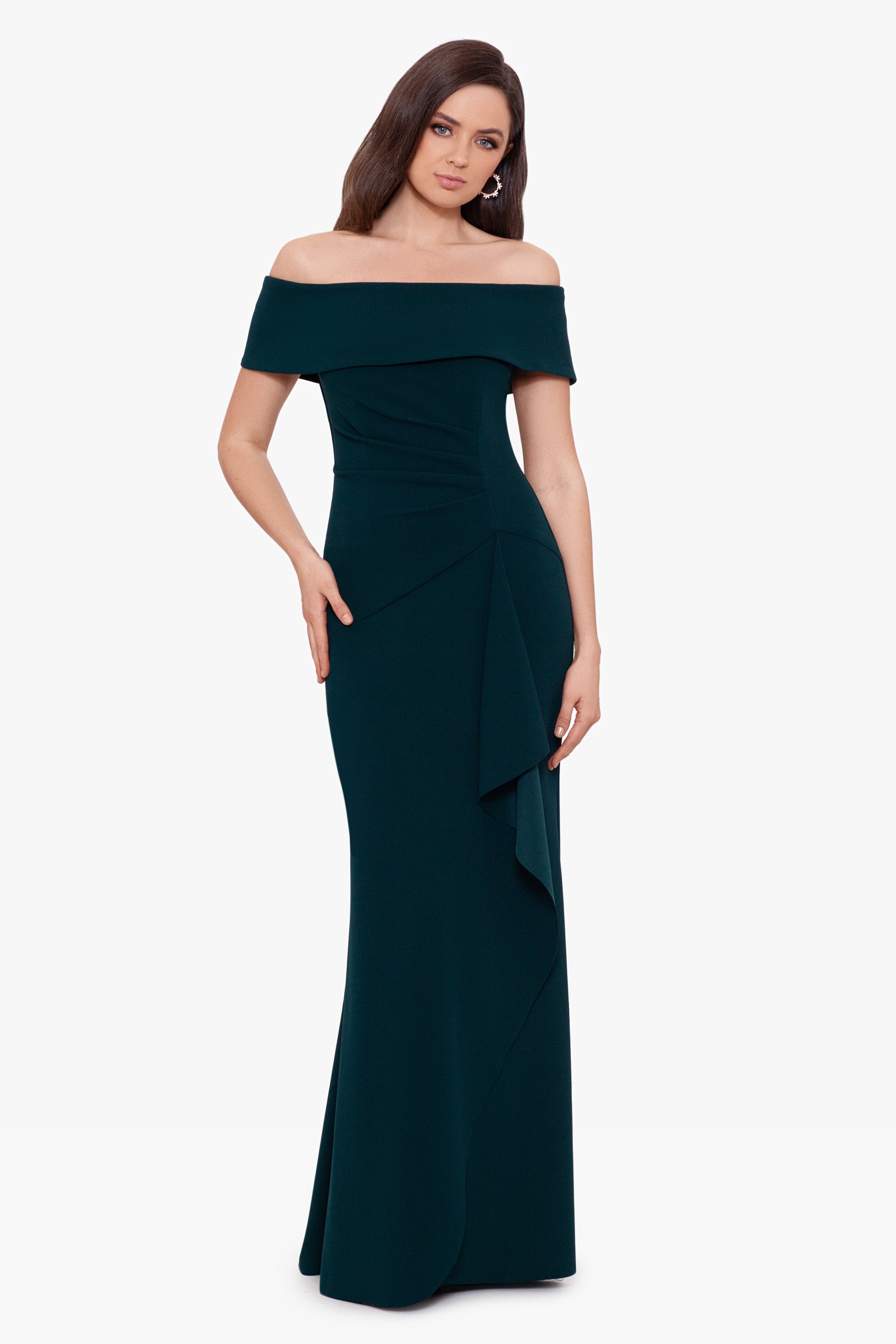 "Lindsay" Long Scuba Crepe Off the Shoulder Dress