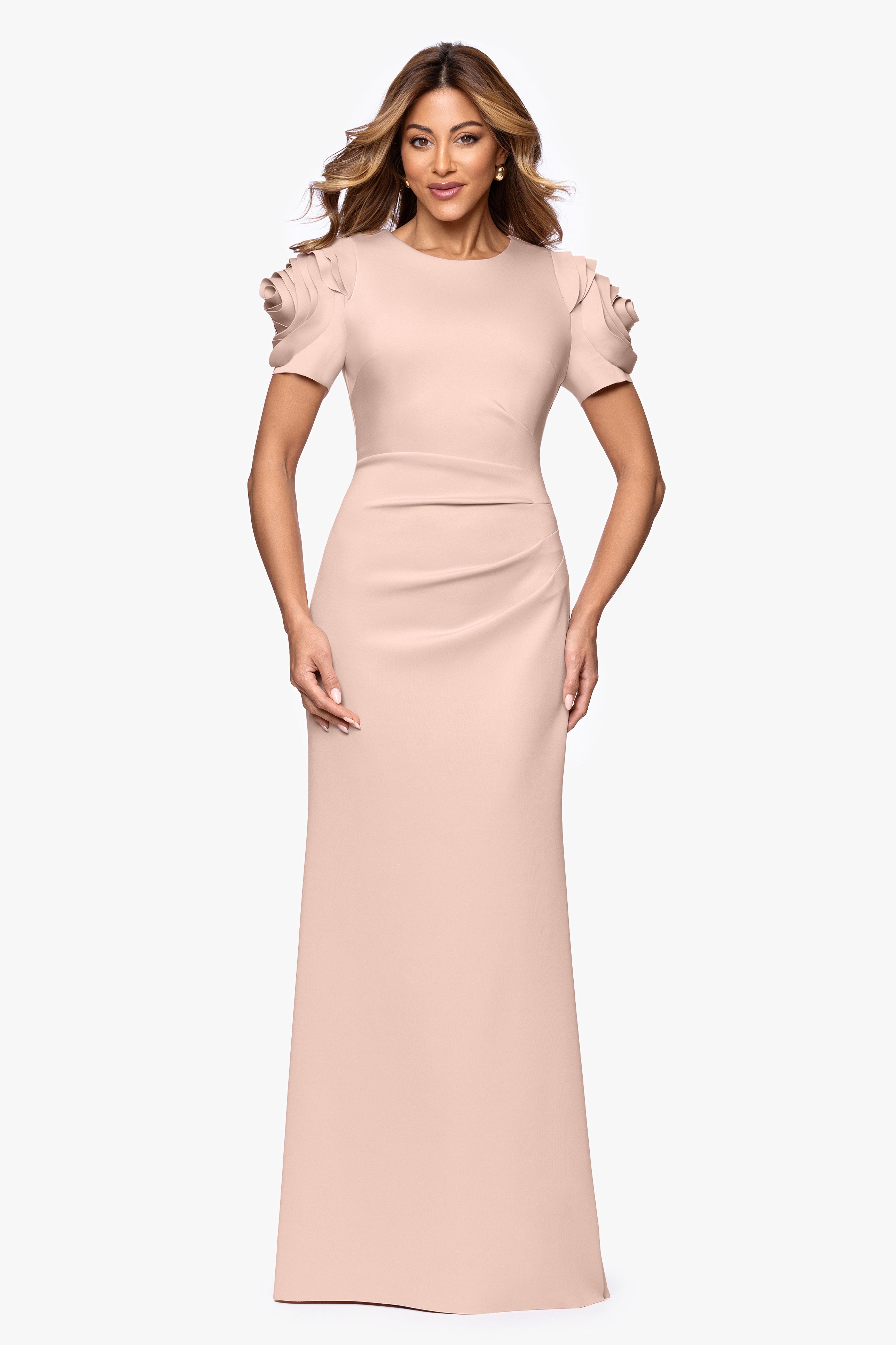 "Cami" Long Scuba Crepe with Flower Shoulder Dress