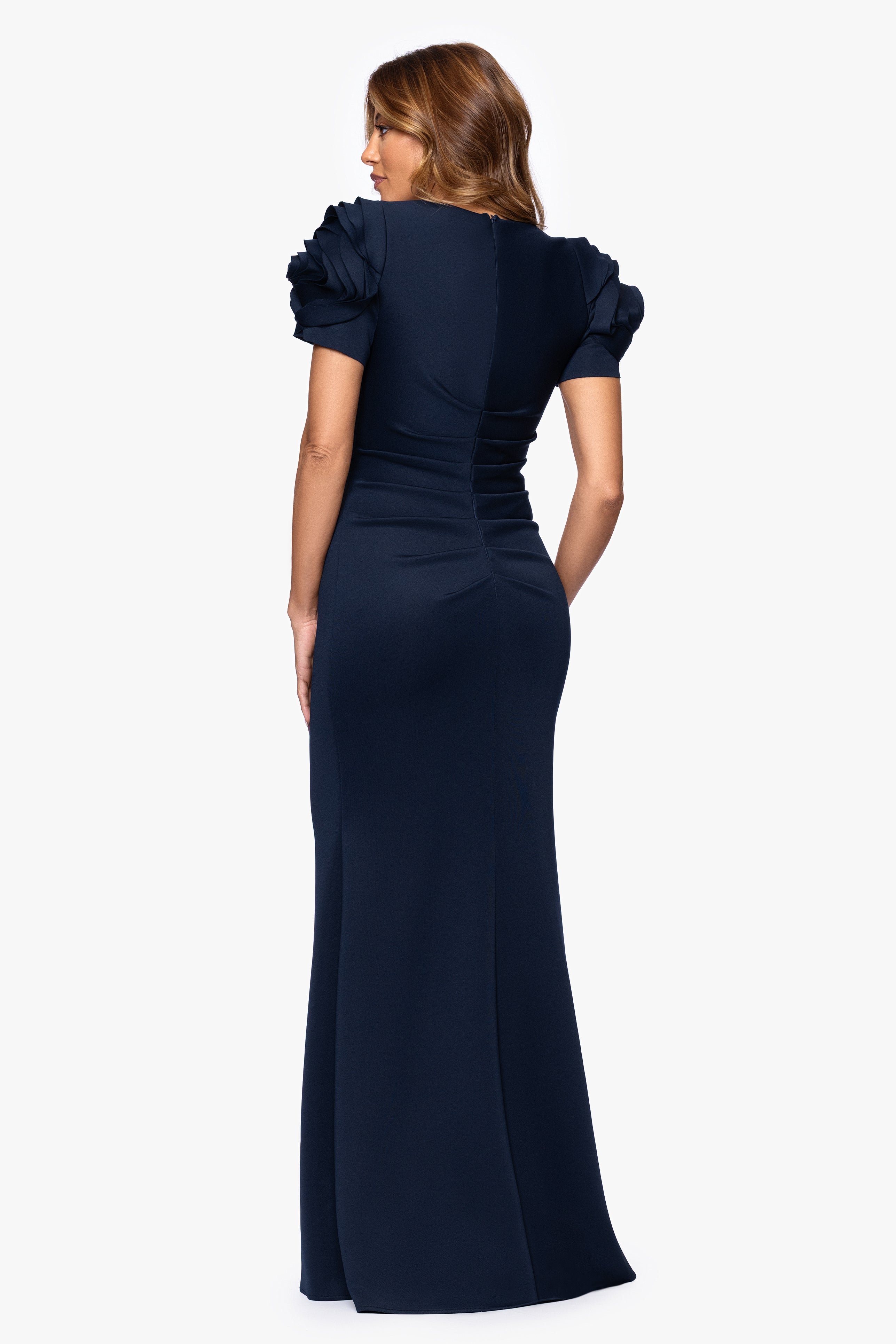 "Cami" Long Scuba Crepe with Flower Shoulder Dress