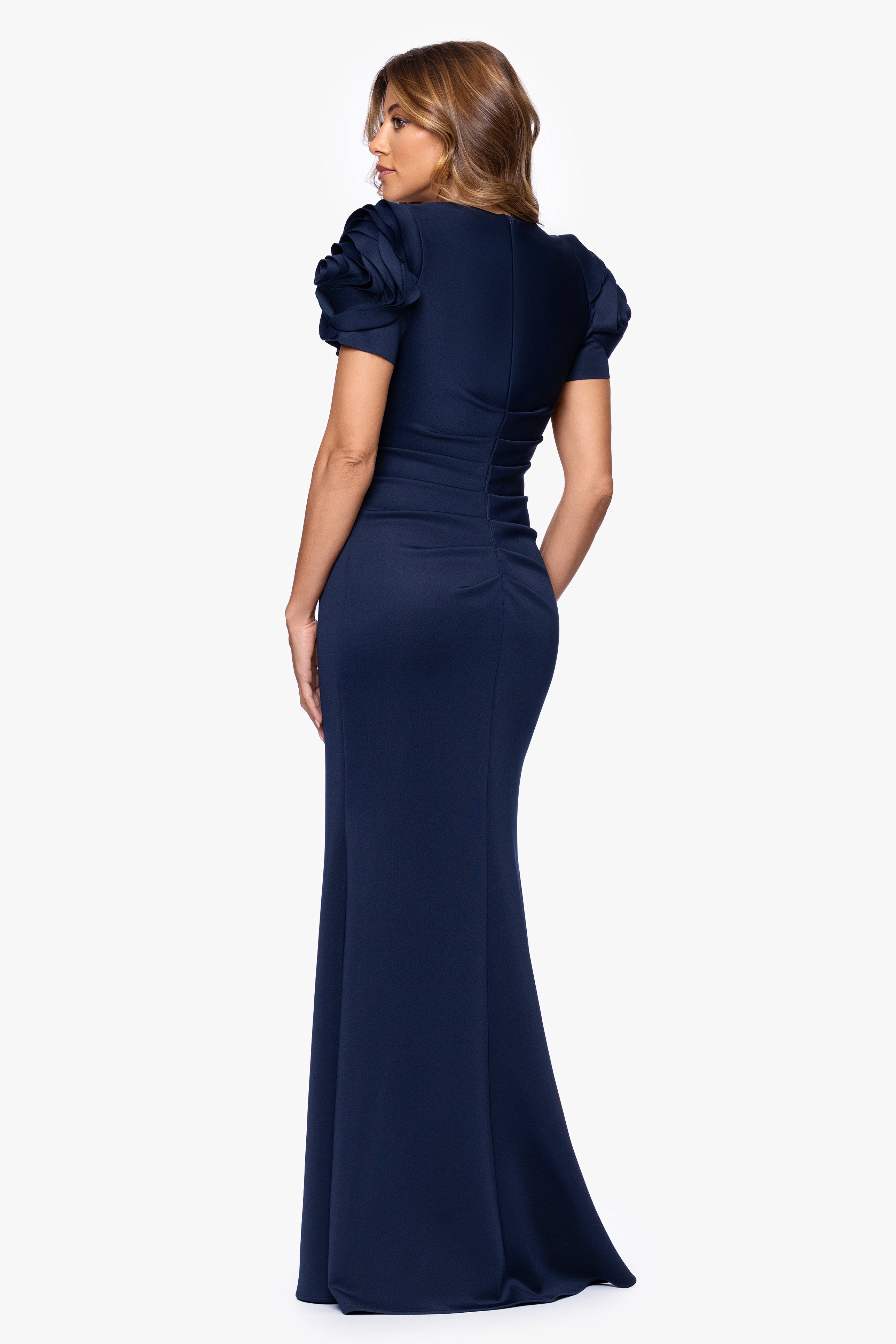 "Cami" Long Techno Scuba with Flower Shoulder Dress