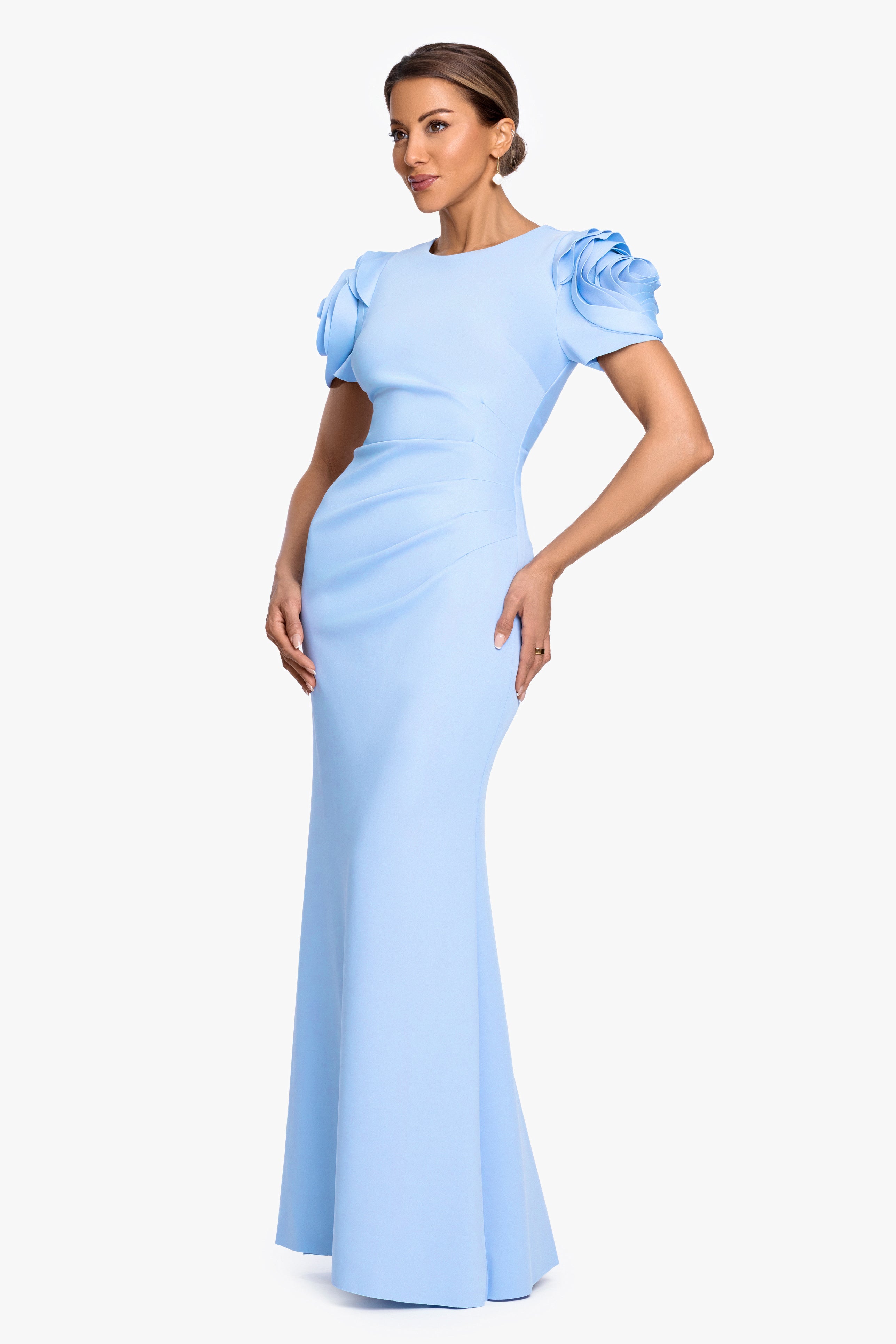"Cami" Long Techno Scuba with Flower Shoulder Dress