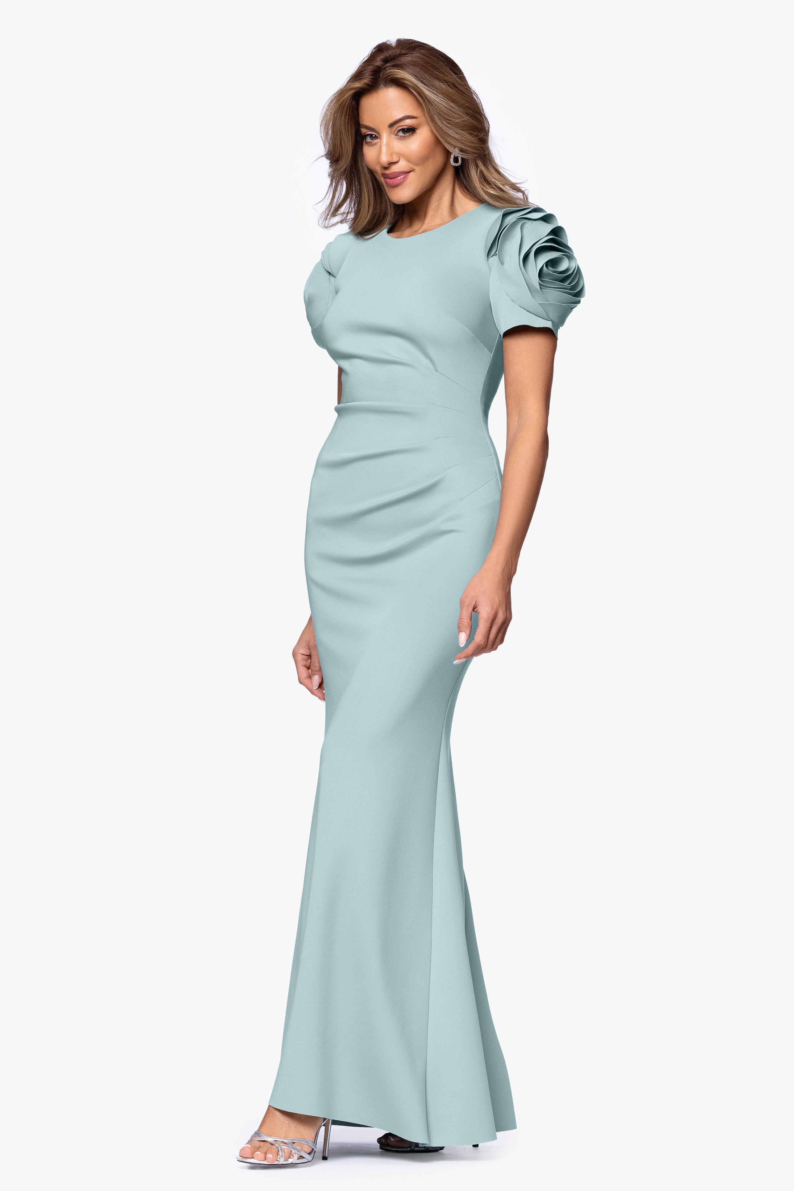 "Cami" Long Scuba Crepe with Flower Shoulder Dress