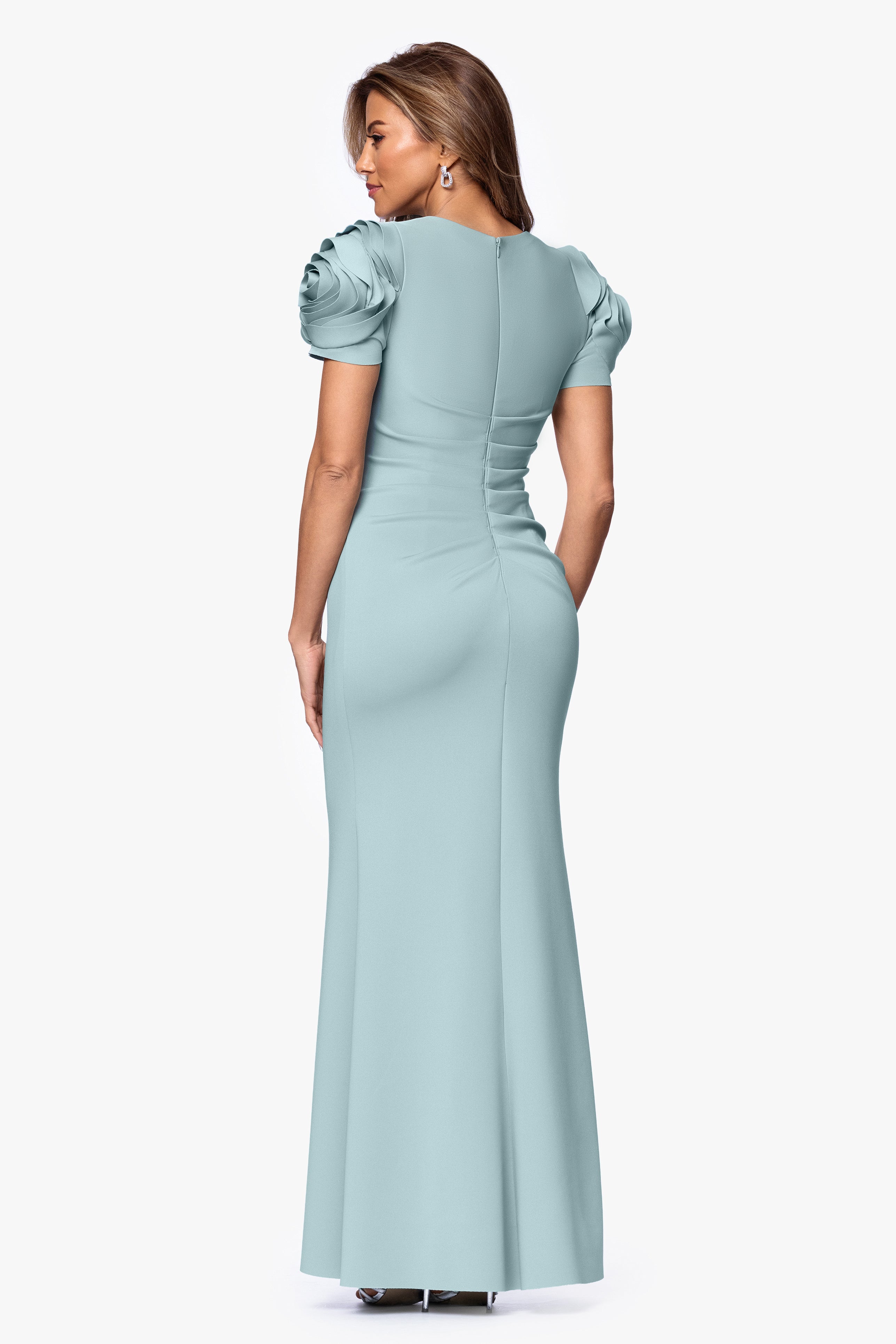 "Cami" Long Scuba Crepe with Flower Shoulder Dress