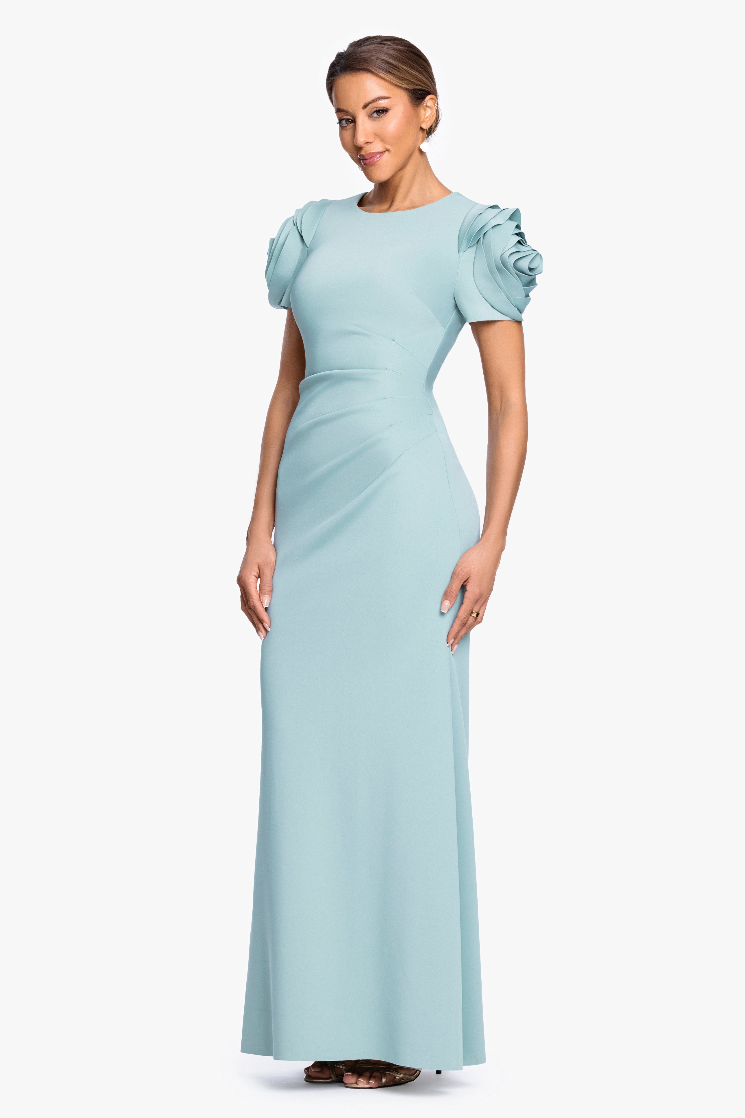 "Cami" Long Techno Scuba with Flower Shoulder Dress