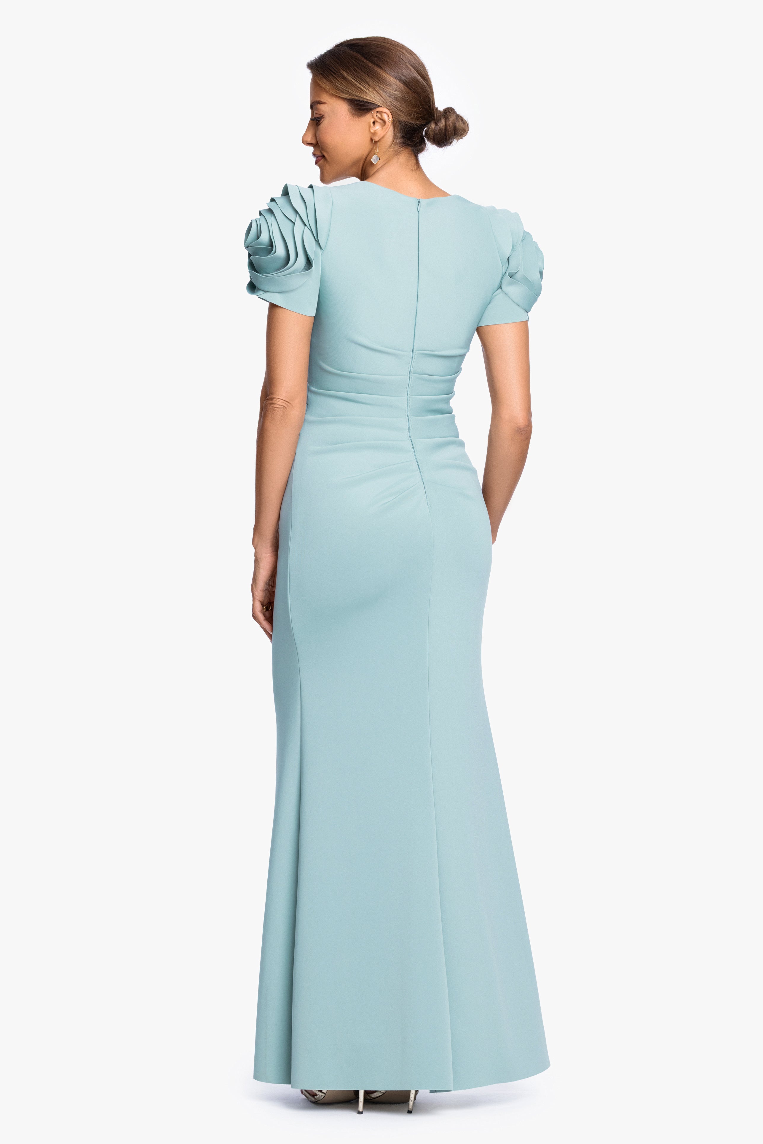 "Cami" Long Techno Scuba with Flower Shoulder Dress