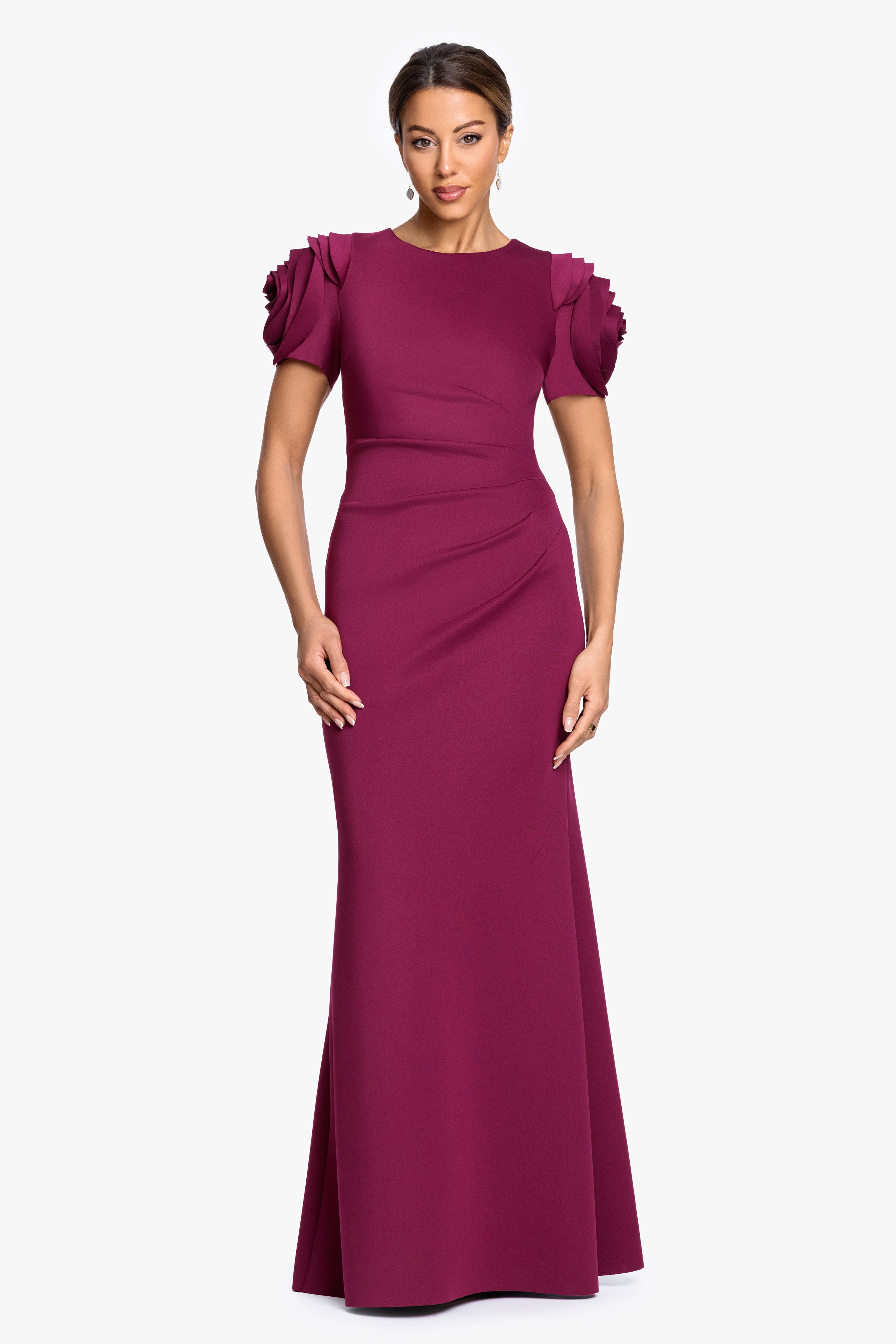 "Cami" Long Techno Scuba with Flower Shoulder Dress