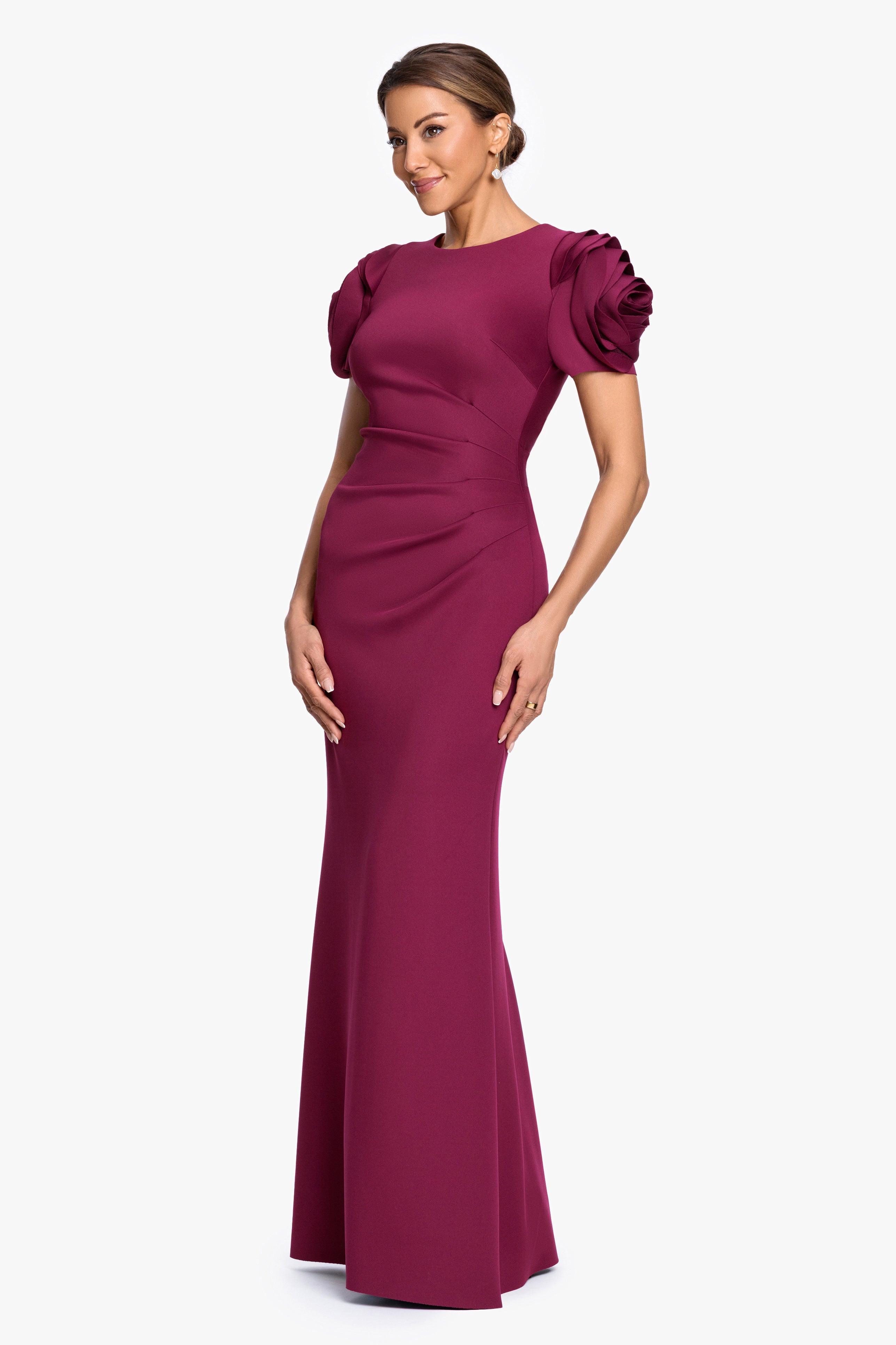 "Cami" Long Techno Scuba with Flower Shoulder Dress