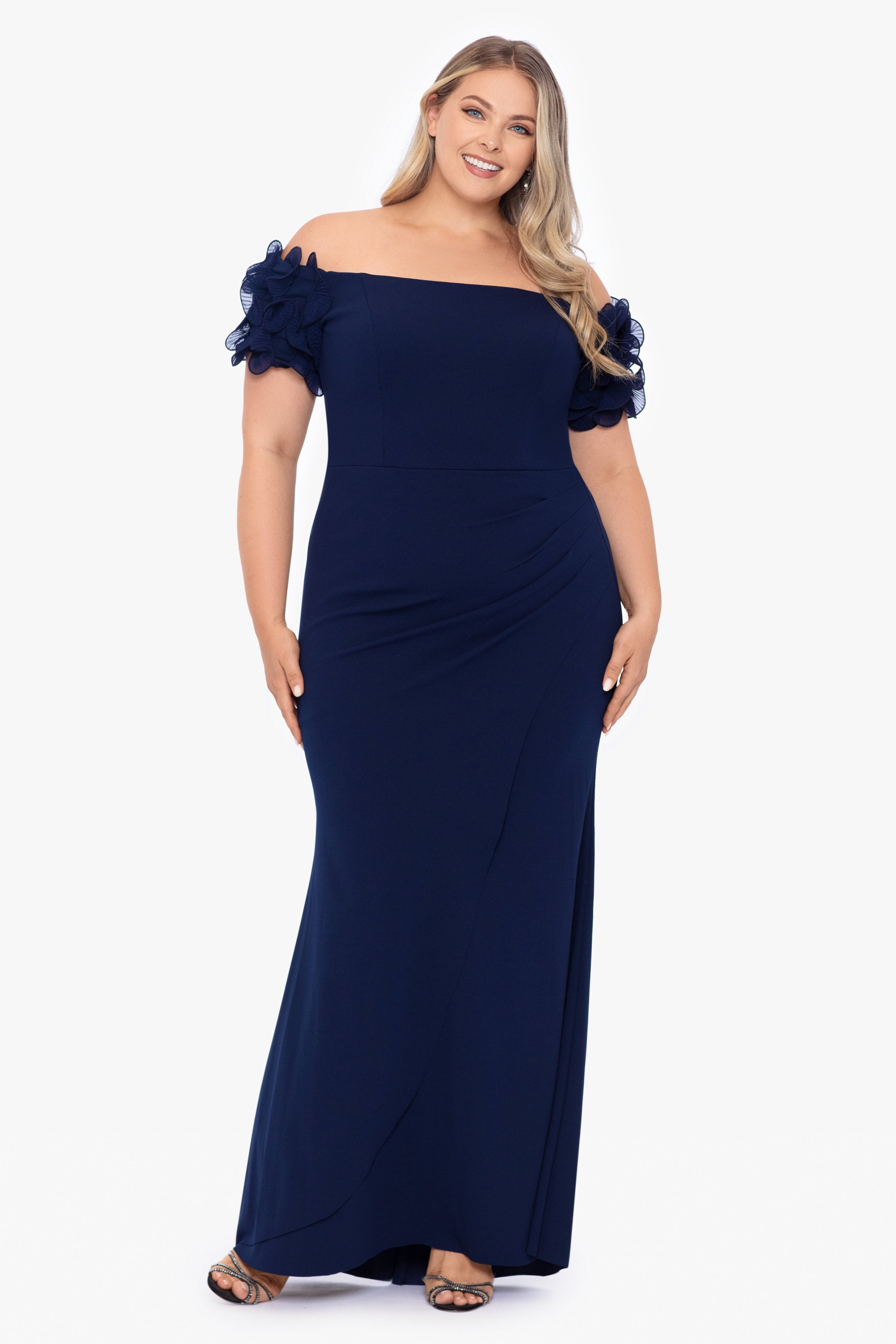 Plus "Ashlyn" Long Off the Shoulder Wire Flower Gown