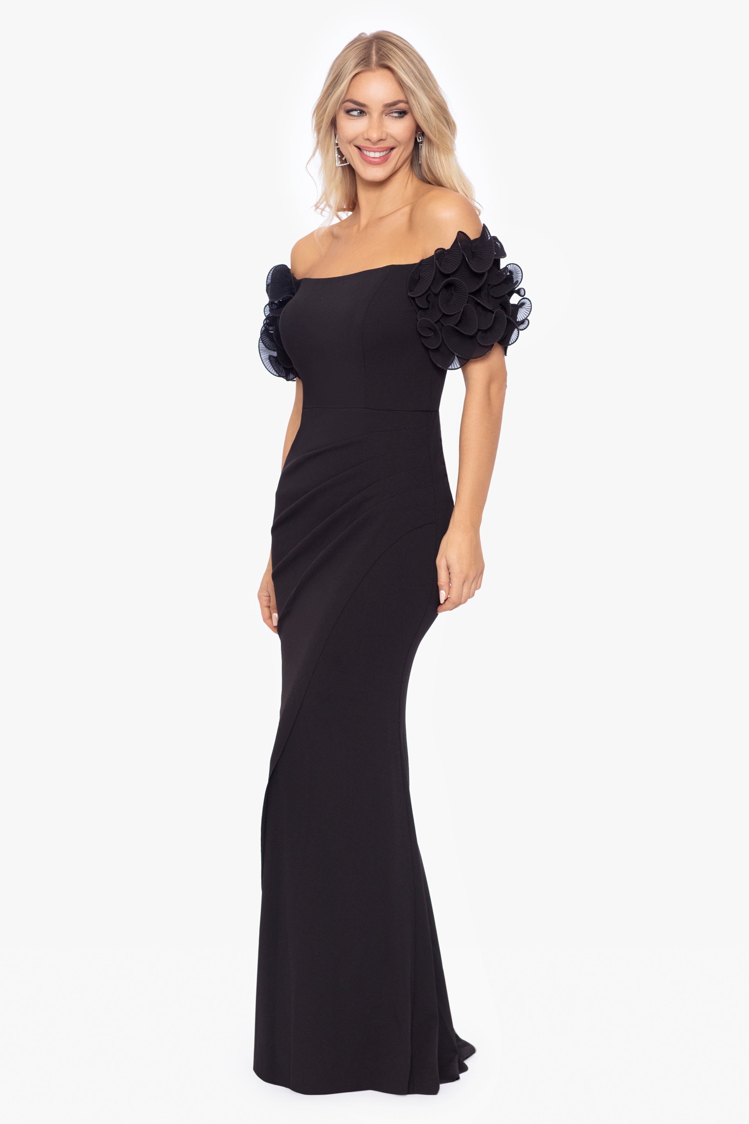 "Ashlyn" Long Scuba Crepe Off the Shoulder Wire Flower Gown