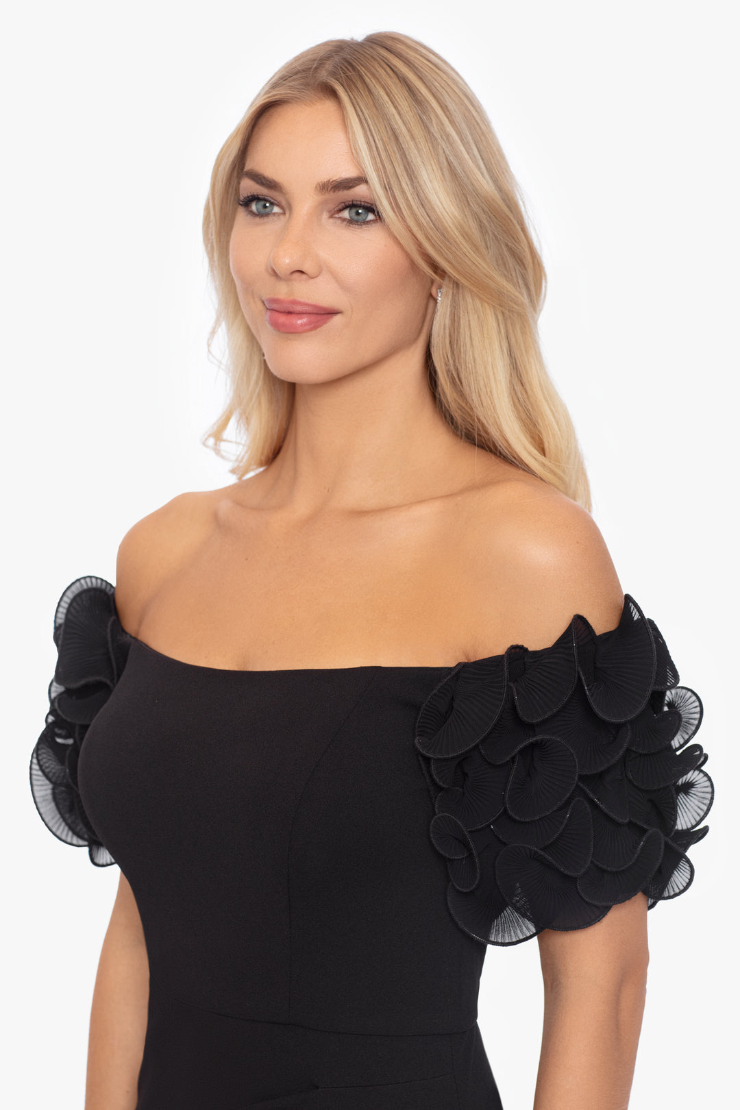 "Ashlyn" Long Scuba Crepe Off the Shoulder Wire Flower Gown