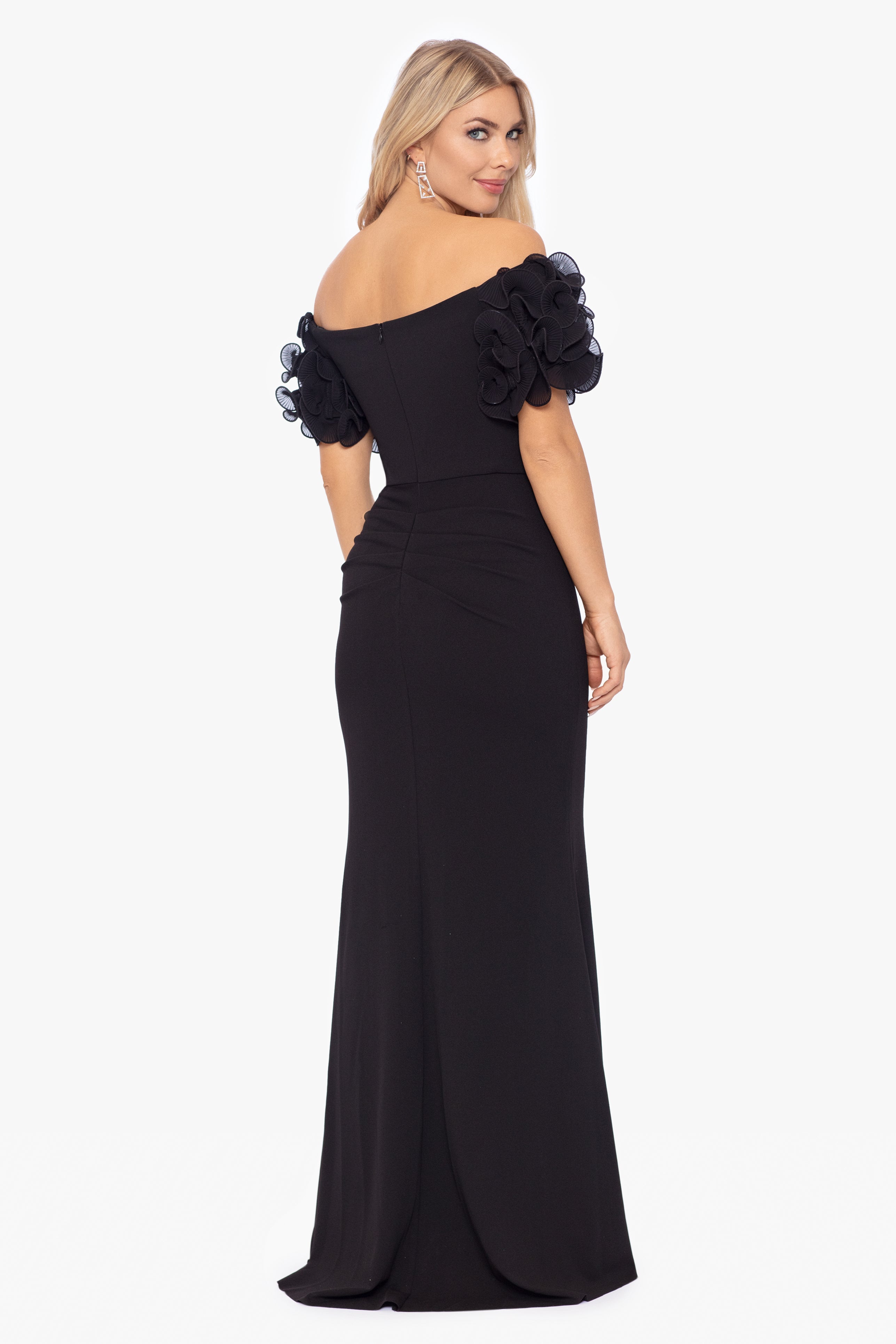 "Ashlyn" Long Scuba Crepe Off the Shoulder Wire Flower Gown