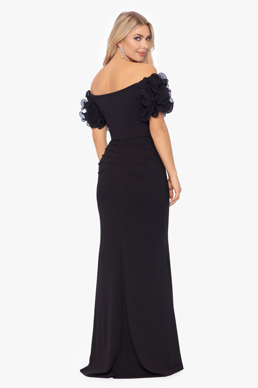 Petite "Ashlyn" Long Scuba Crepe Off the Shoulder Wire Flower Gown