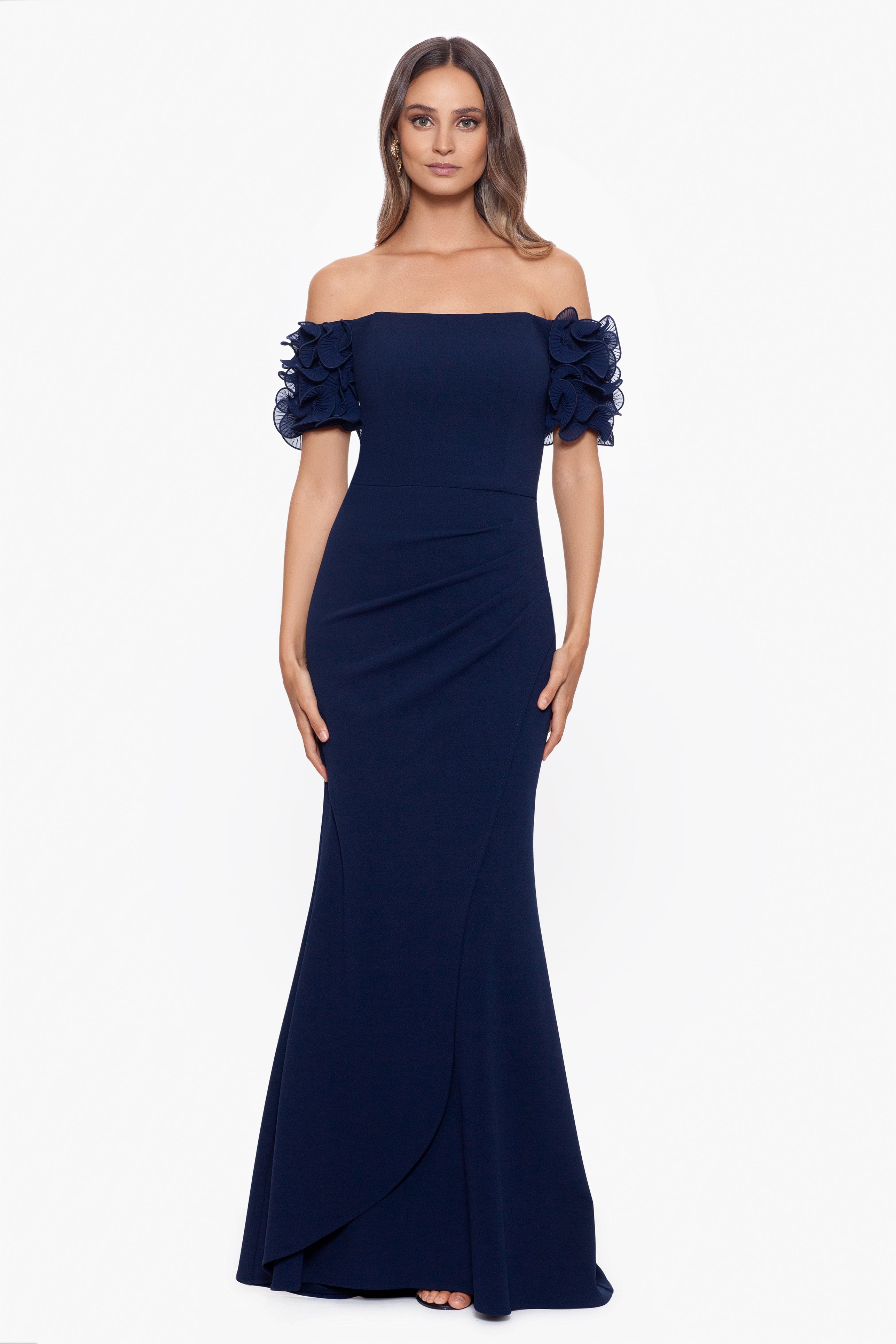 "Ashlyn" Long Scuba Crepe Off the Shoulder Wire Flower Gown