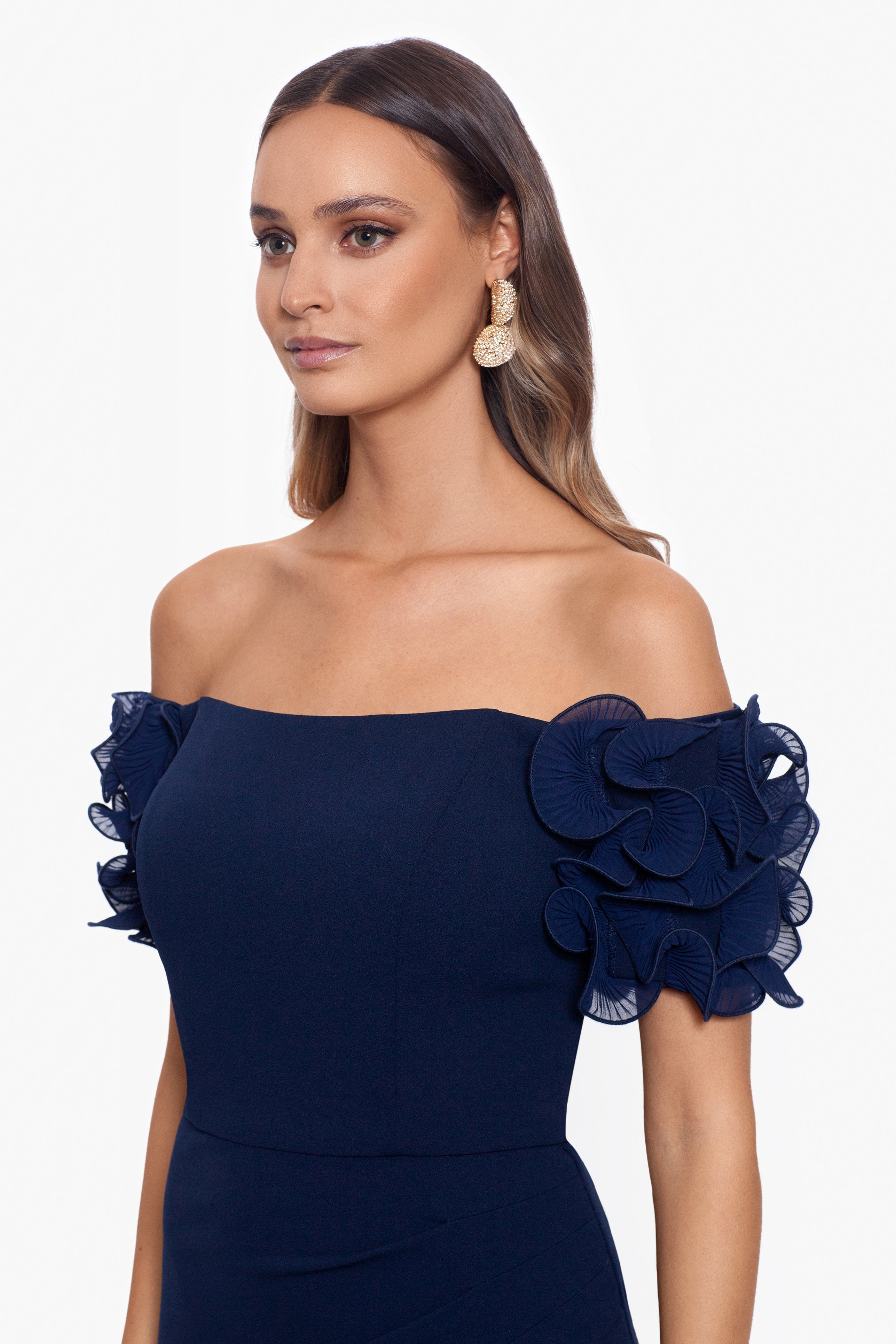 "Ashlyn" Long Scuba Crepe Off the Shoulder Wire Flower Gown