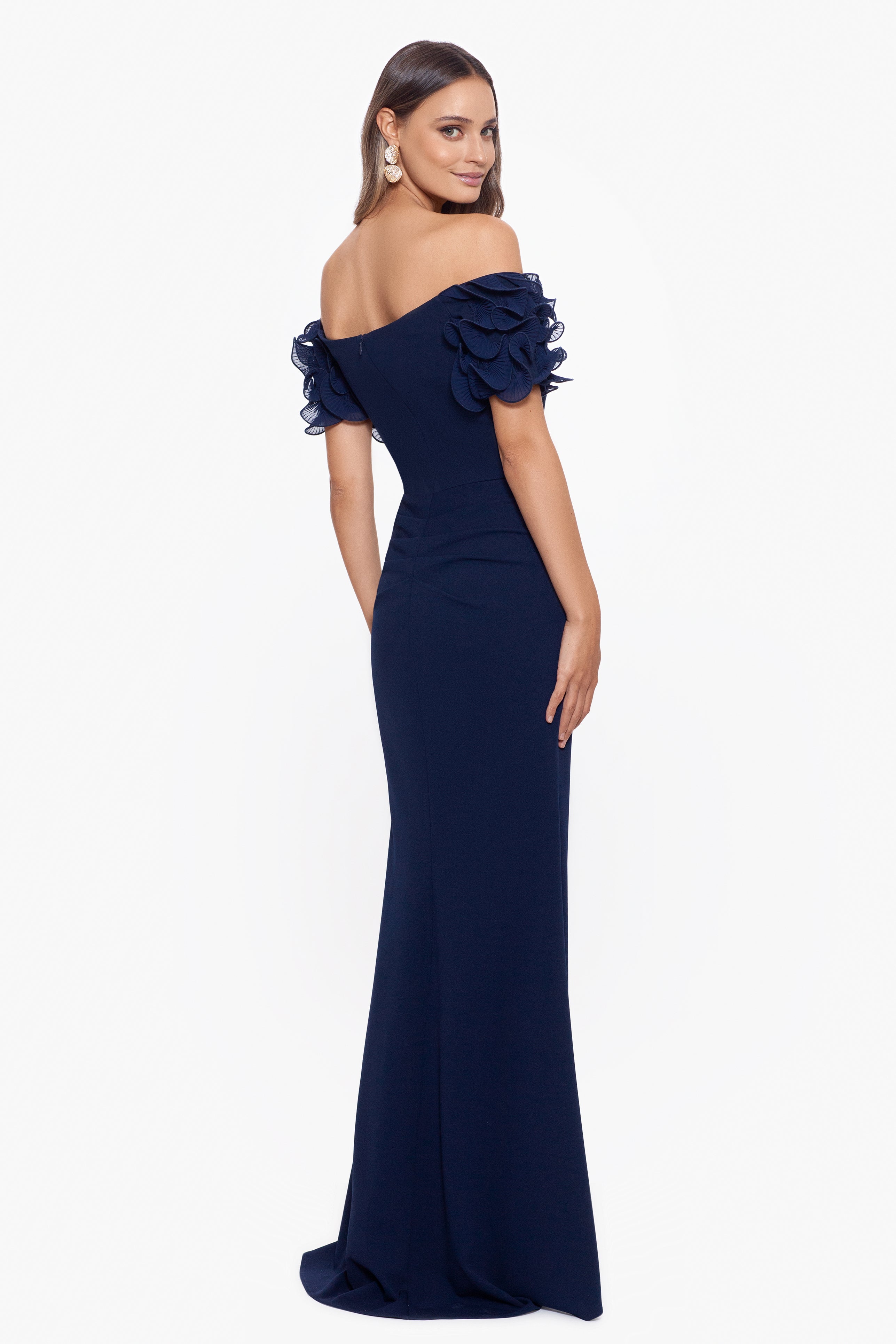 "Ashlyn" Long Scuba Crepe Off the Shoulder Wire Flower Gown