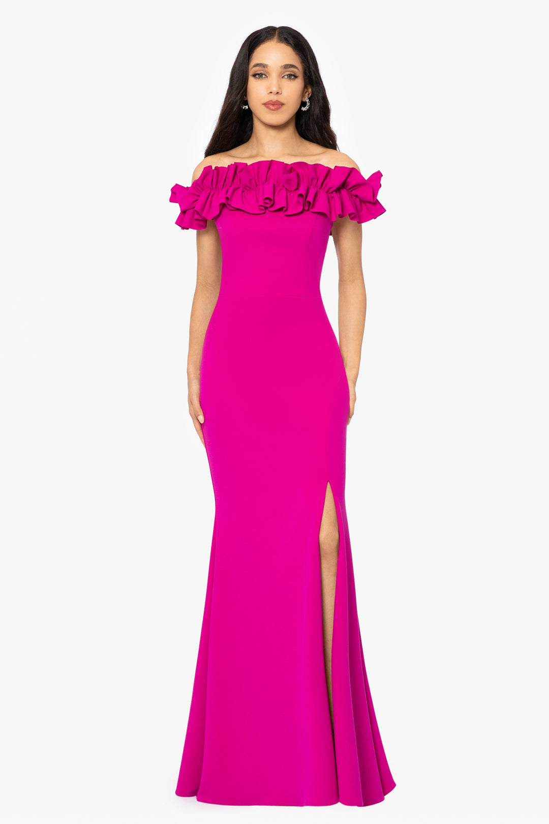 Petite Naya Long Scuba Crepe Off the Shoulder Ruffle Dress