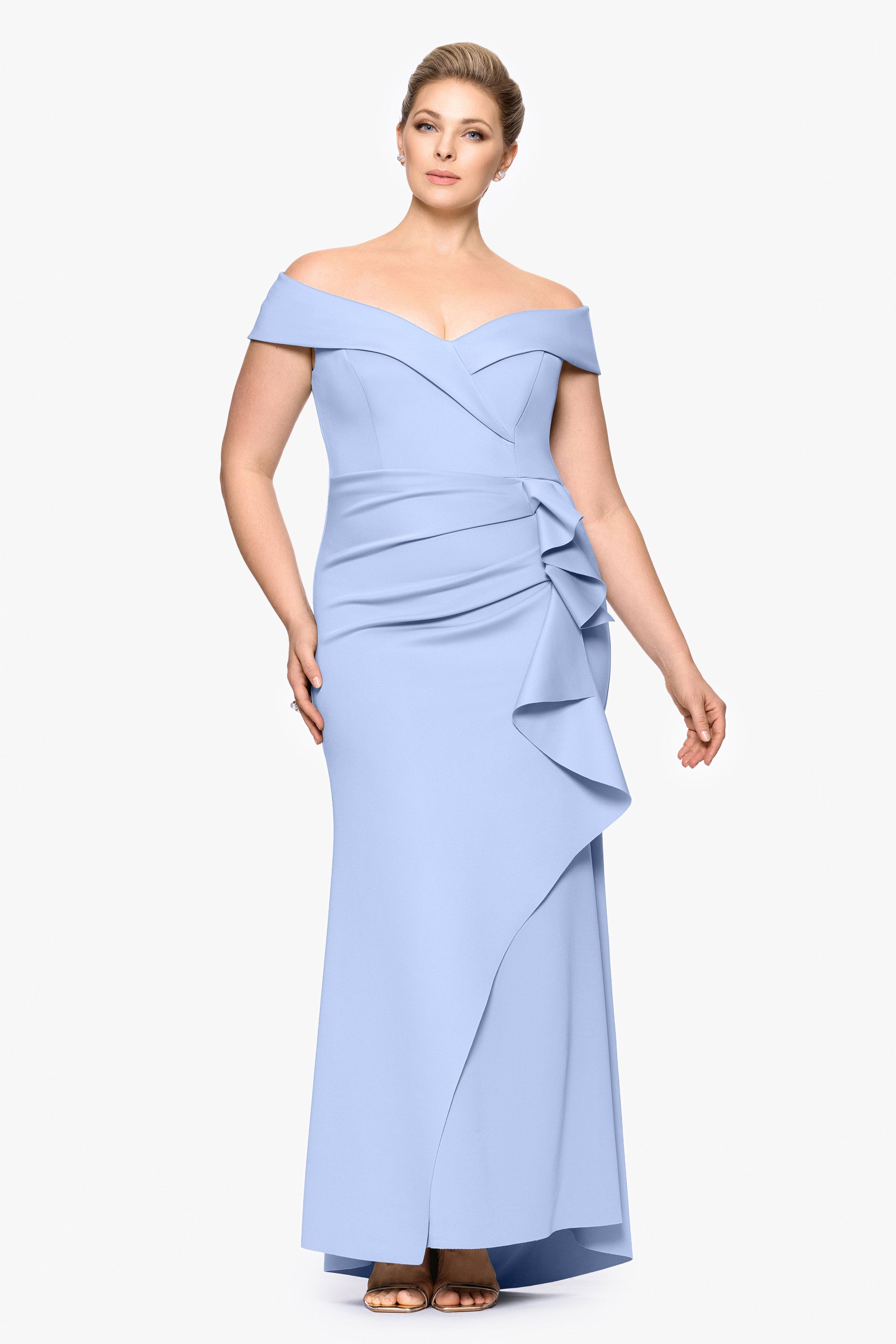 Plus "Patti" Techno Scuba Off Shoulder Dress